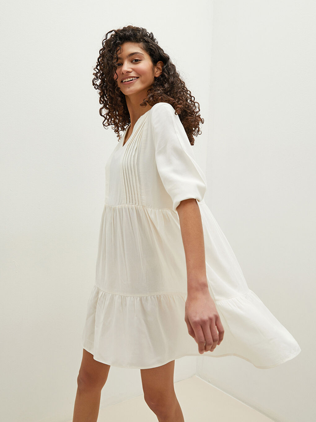 Notch Neck Linen Blend Women's Dress-1