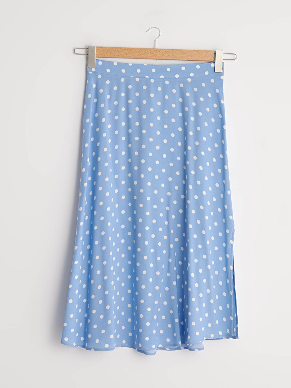 Mavi Beli Lastikli Puantiye Desenli Viskon Kadın Etek-10