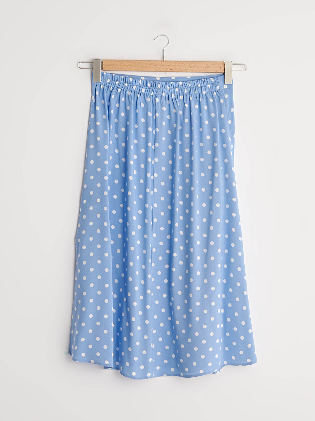 Mavi Beli Lastikli Puantiye Desenli Viskon Kadın Etek-11