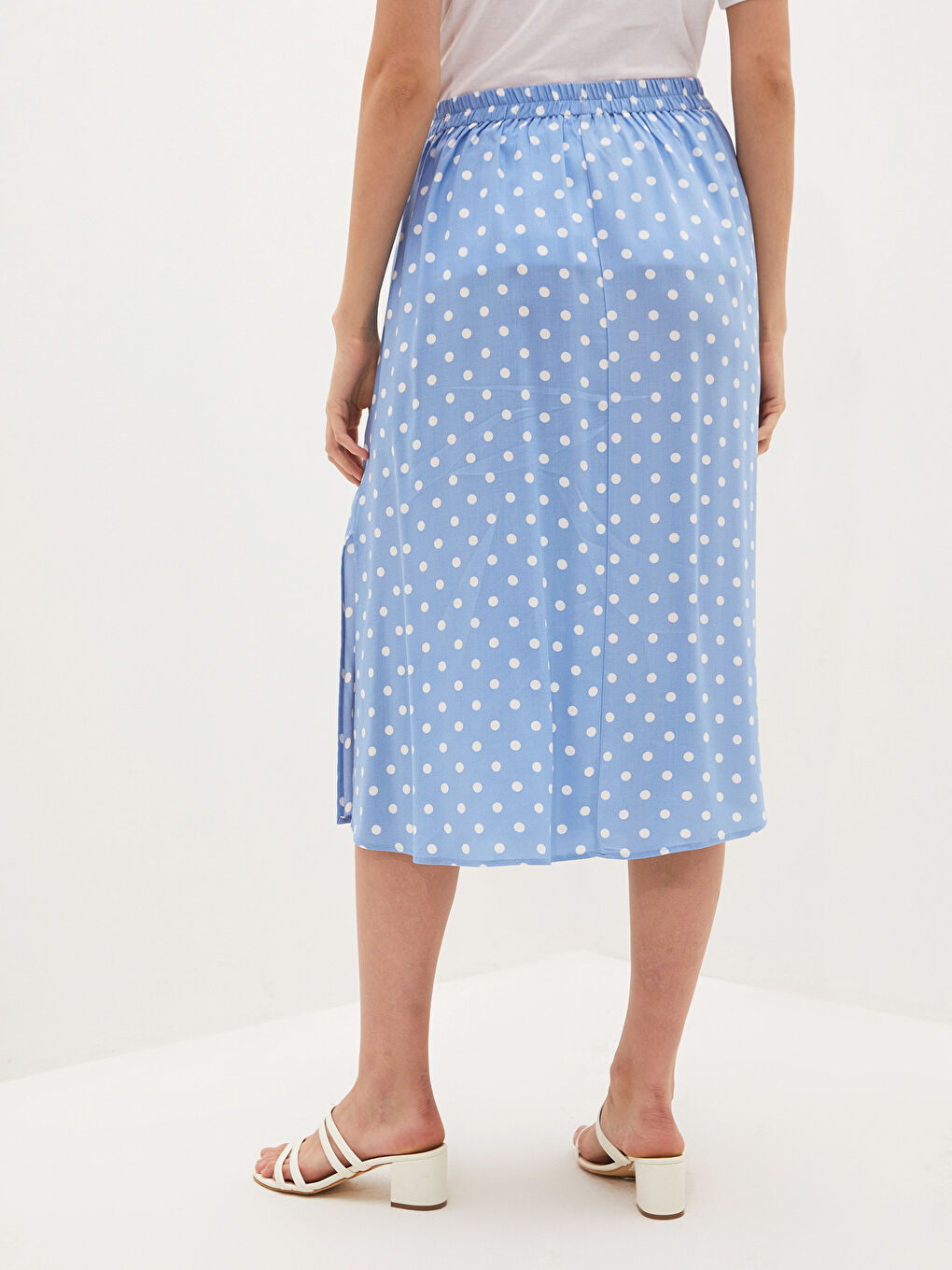 Mavi Beli Lastikli Puantiye Desenli Viskon Kadın Etek-8