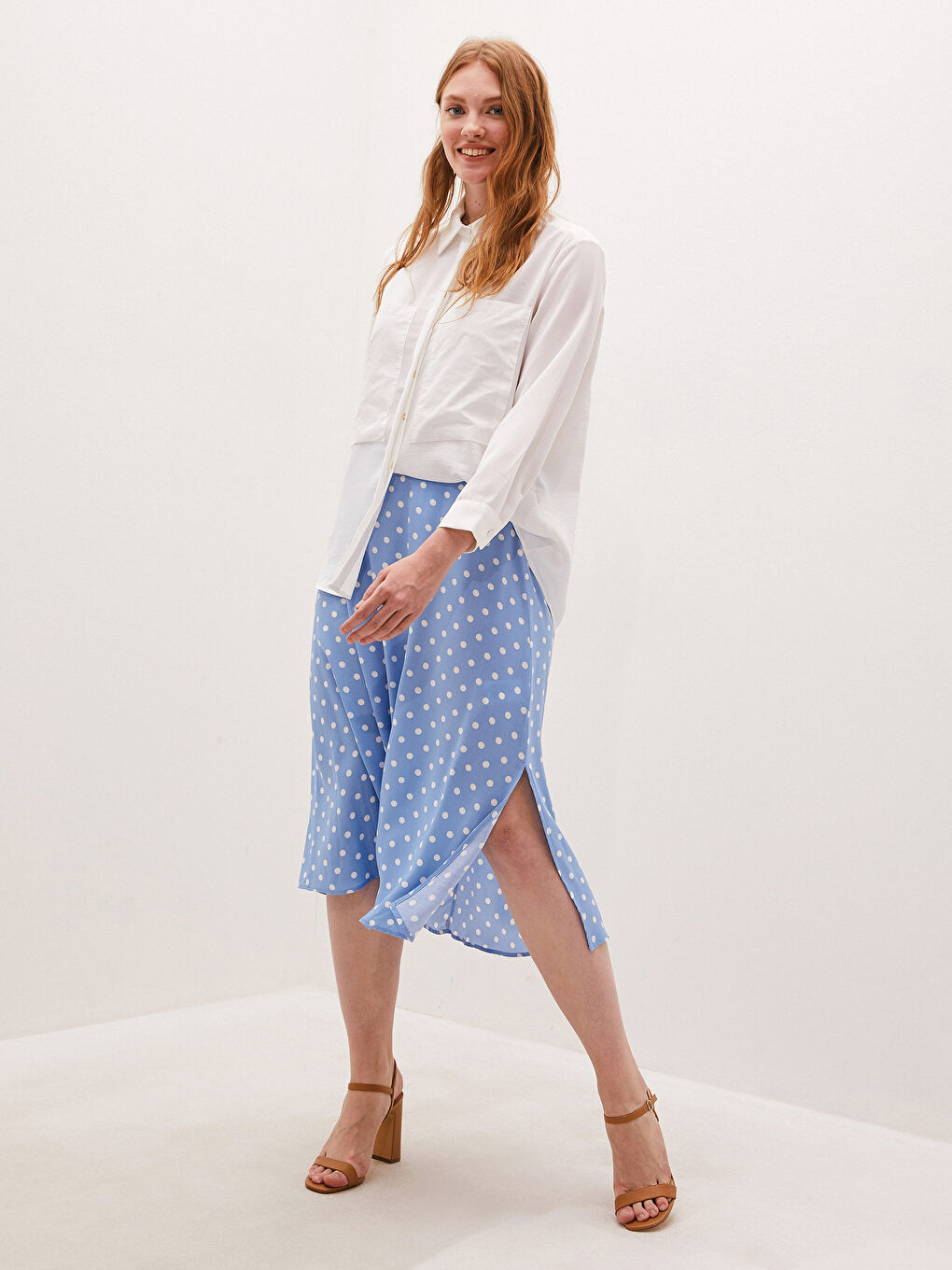 Mavi Beli Lastikli Puantiye Desenli Viskon Kadın Etek-1