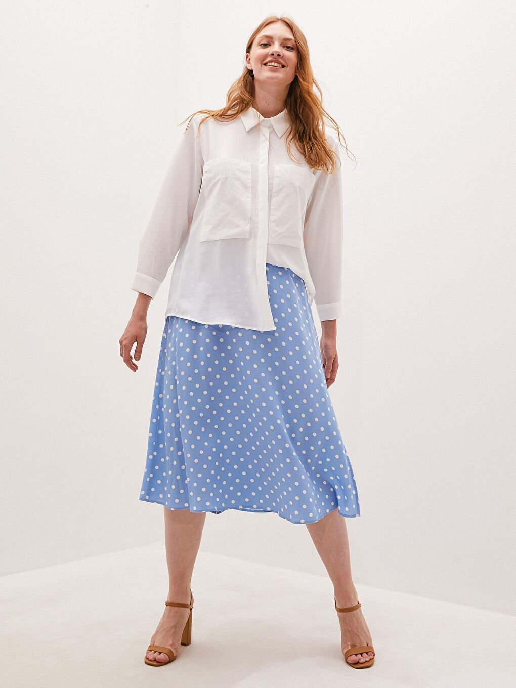 Mavi Beli Lastikli Puantiye Desenli Viskon Kadın Etek-2