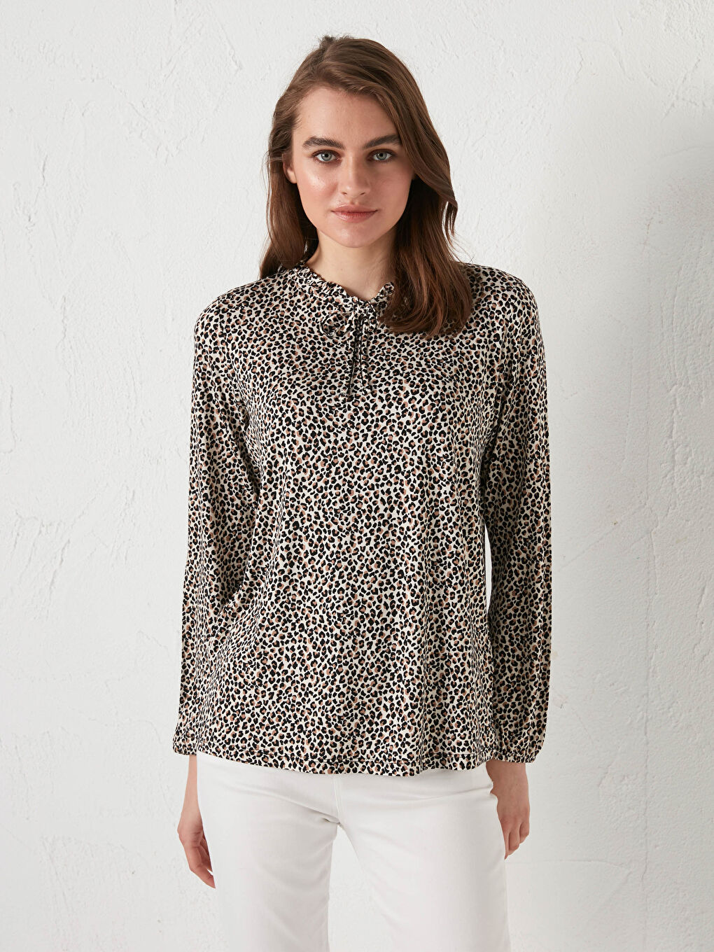 Tie Neck Patterned Long Sleeve Viscose Women's Blouse-1