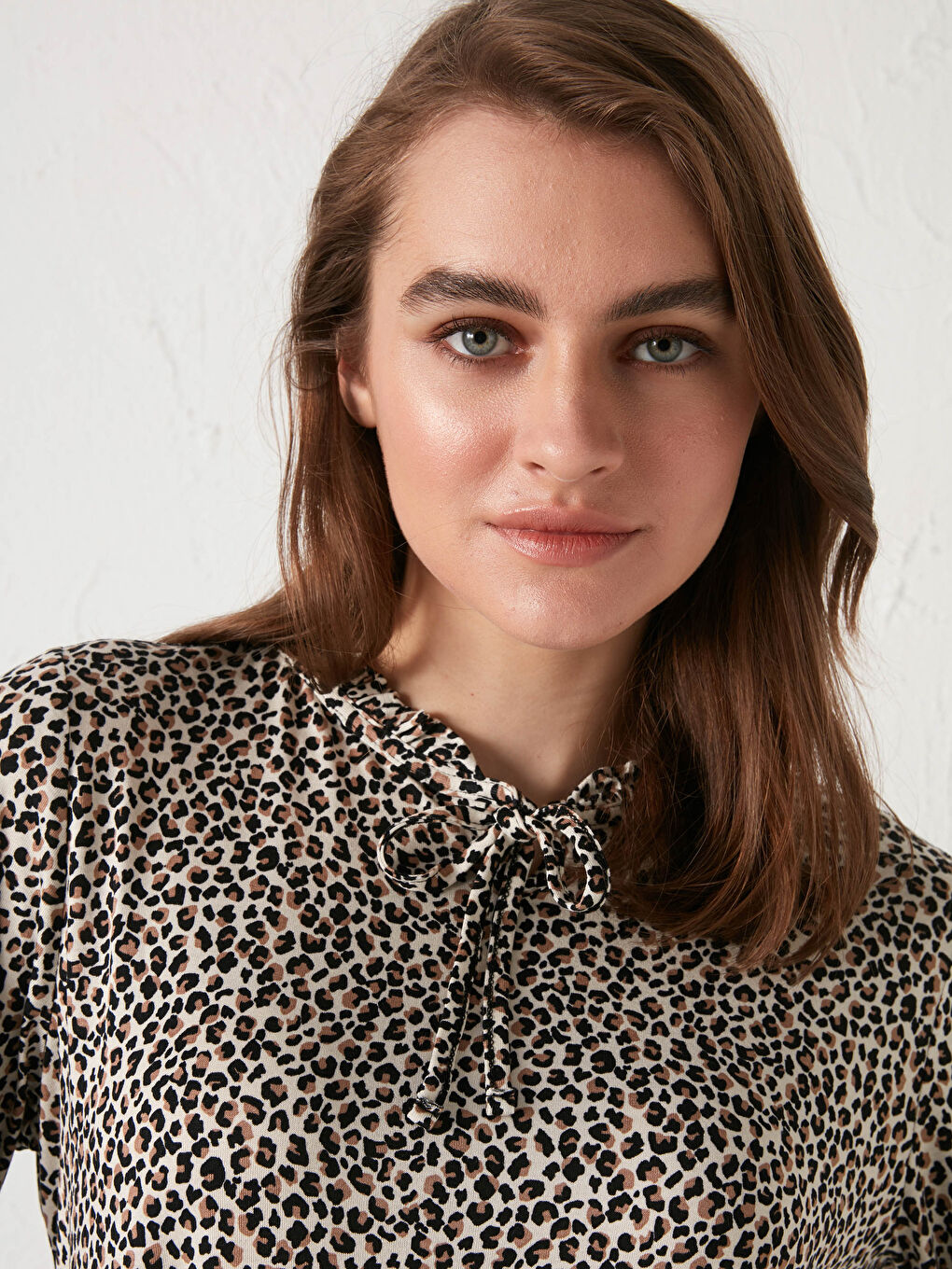 Tie Neck Patterned Long Sleeve Viscose Women's Blouse-2