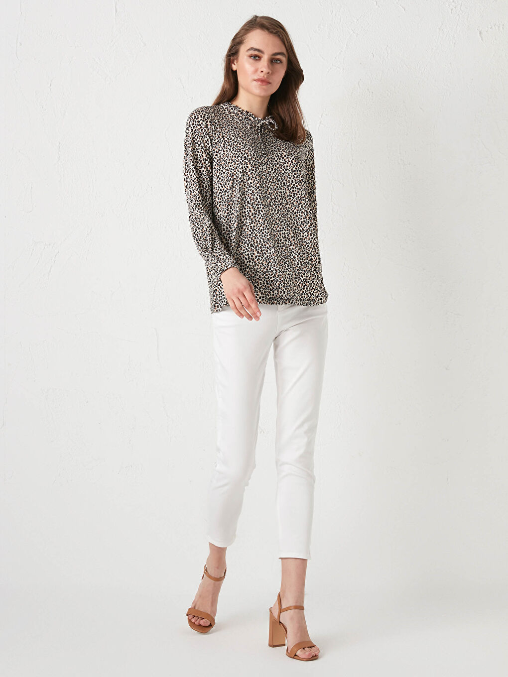 Tie Neck Patterned Long Sleeve Viscose Women's Blouse-3