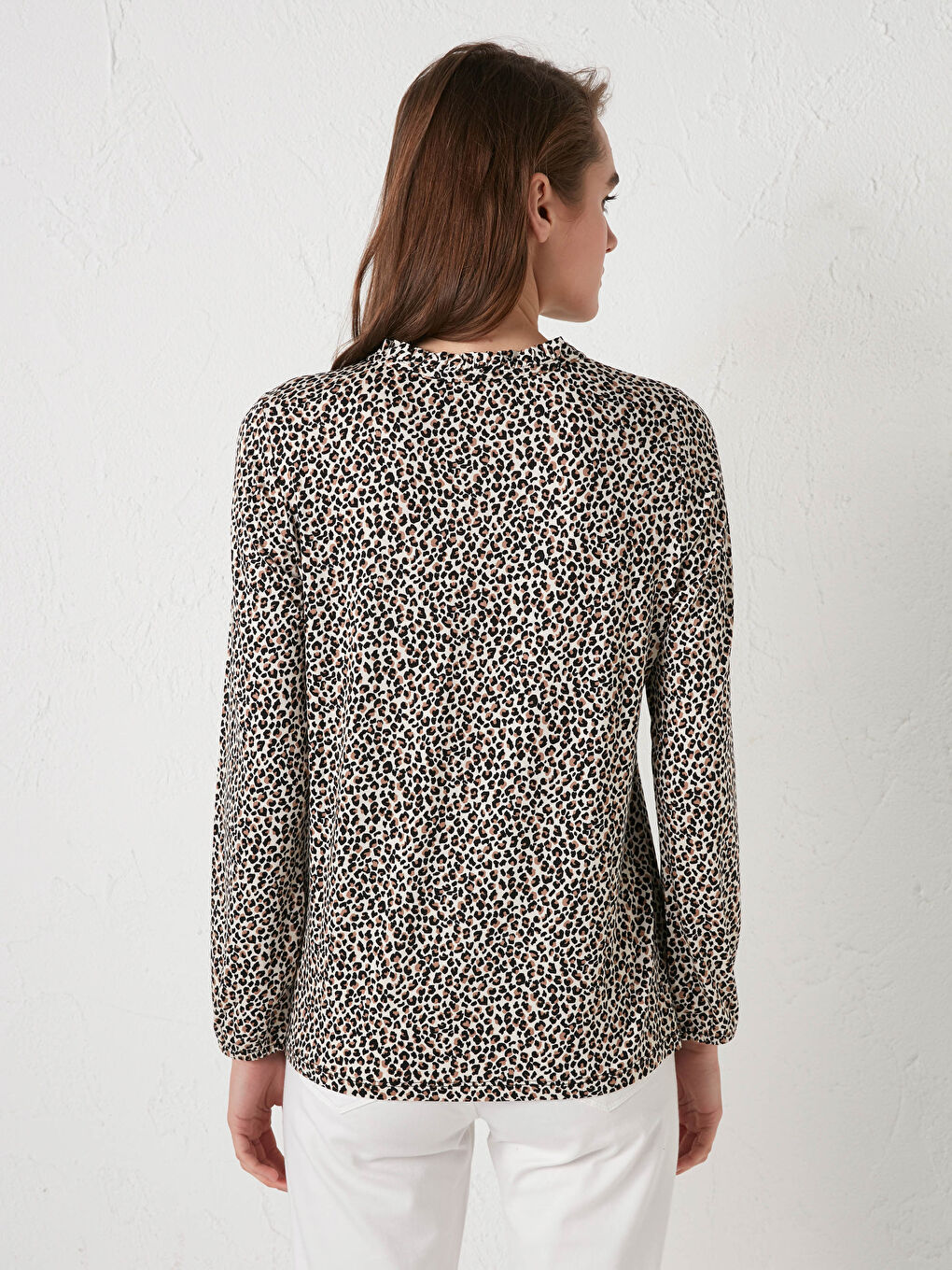 Tie Neck Patterned Long Sleeve Viscose Women's Blouse-4