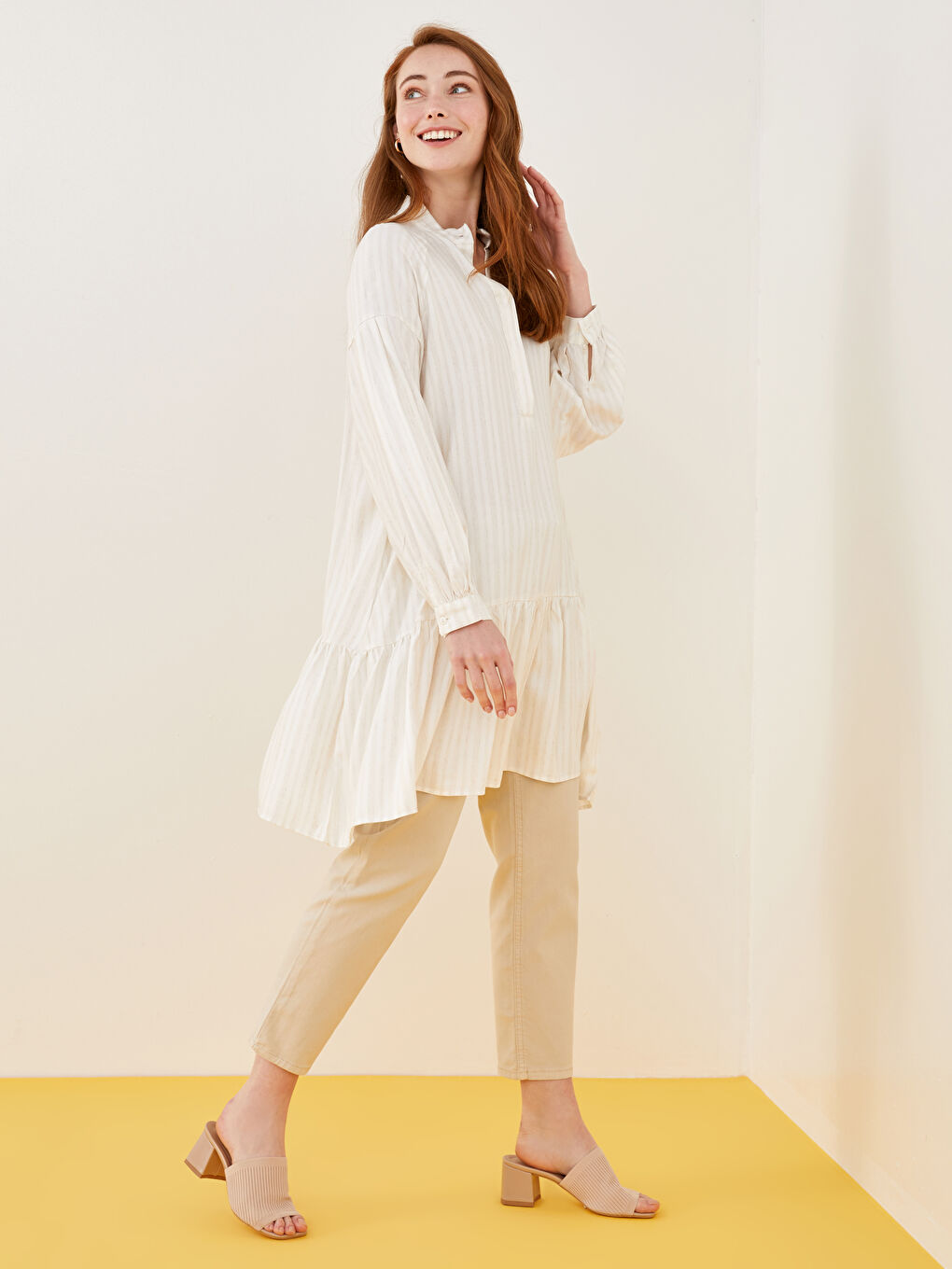 Grandad Collar Striped Long Sleeve Women's Tunic-1