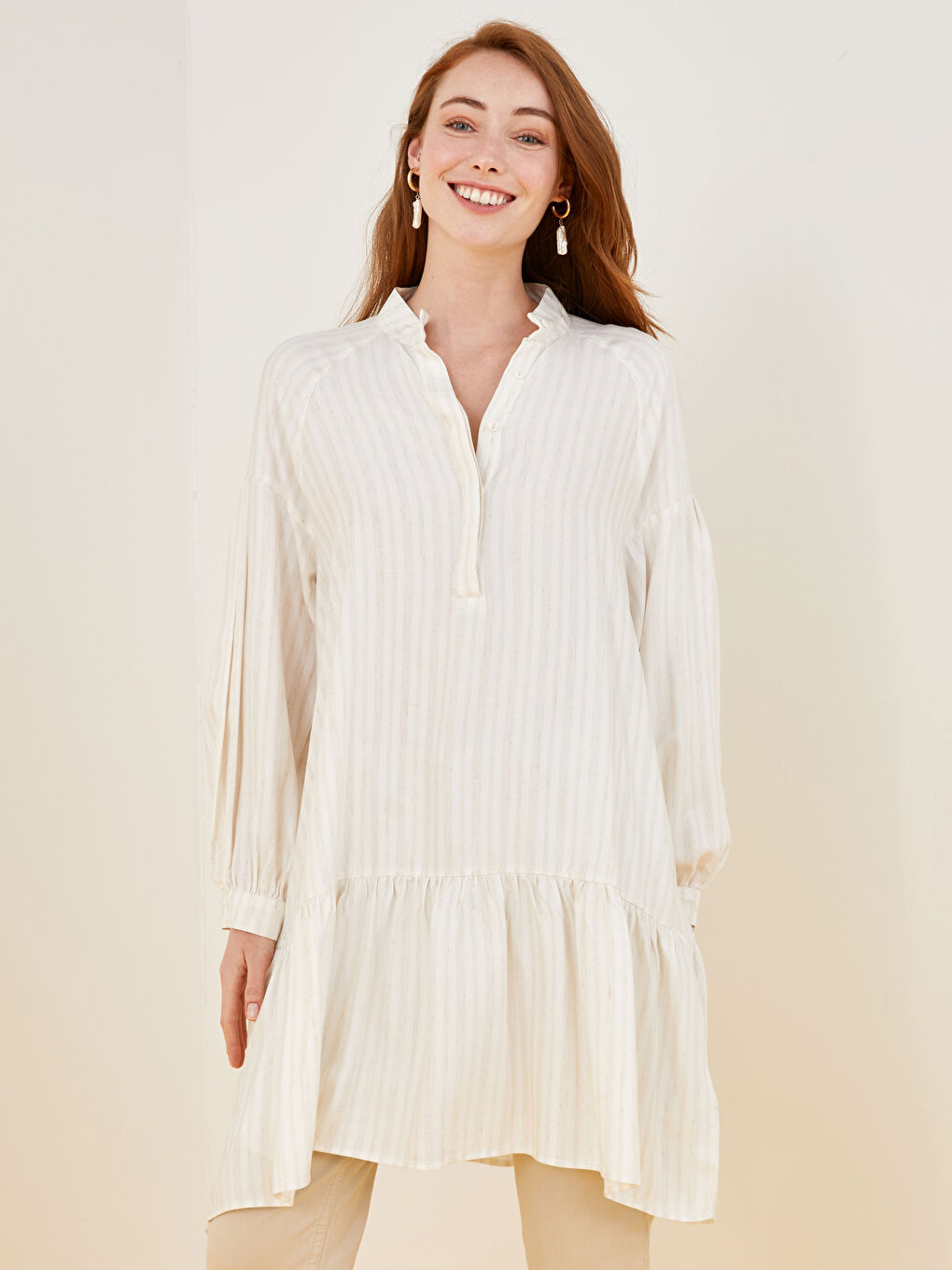 Grandad Collar Striped Long Sleeve Women's Tunic-2