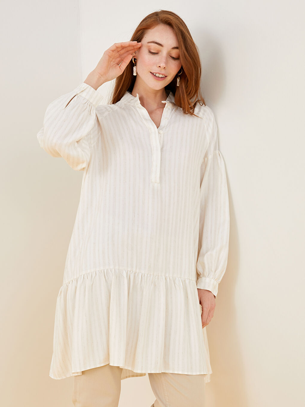 Grandad Collar Striped Long Sleeve Women's Tunic-5