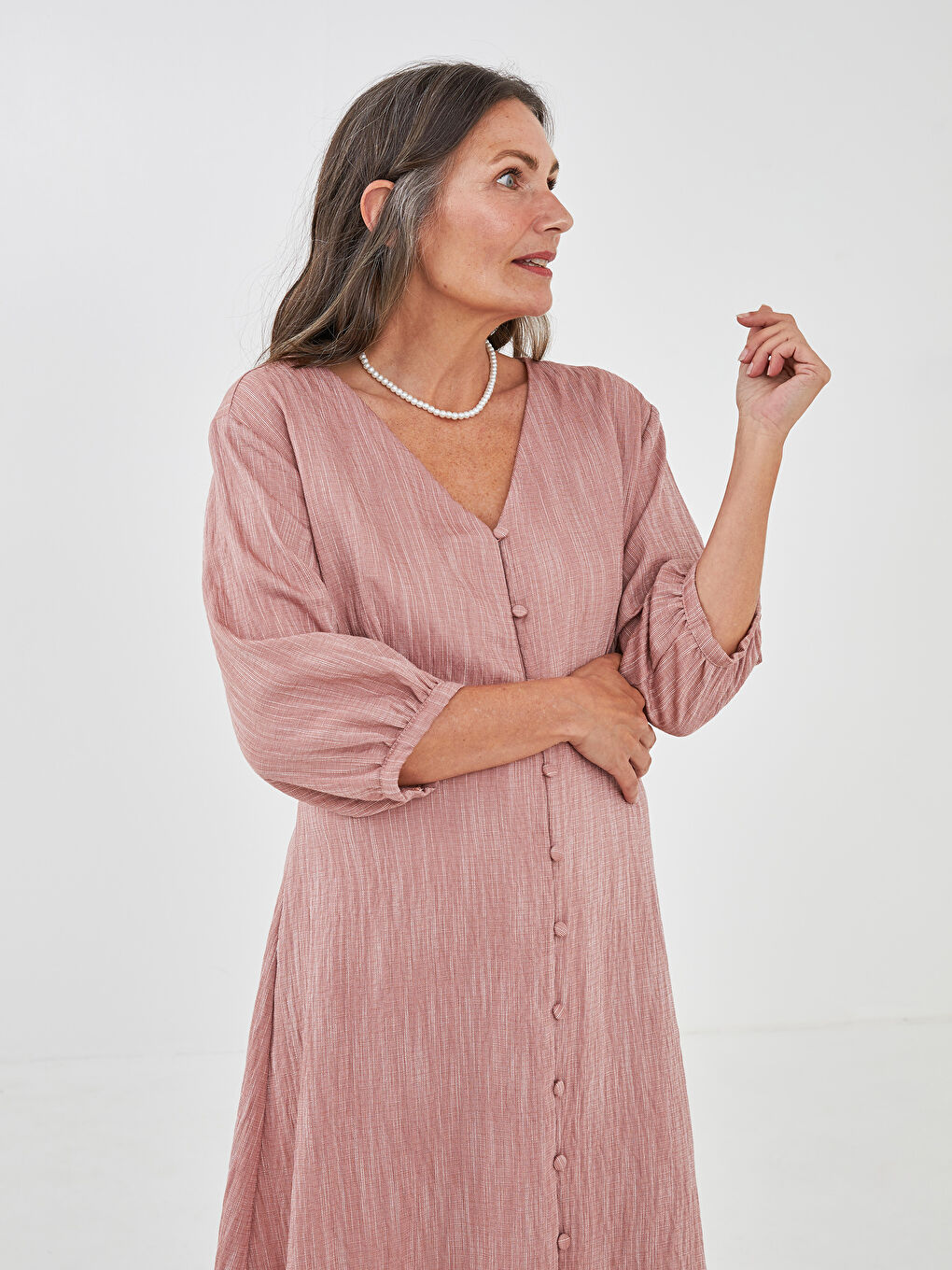 LCW Grace V Neck Striped Front Button A-Cut Women Dress -S1HV03Z8-J3Y