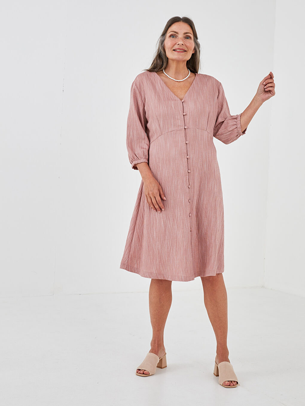 LCW Grace V Neck Striped Front Button A-Cut Women Dress -S1HV03Z8-J3Y
