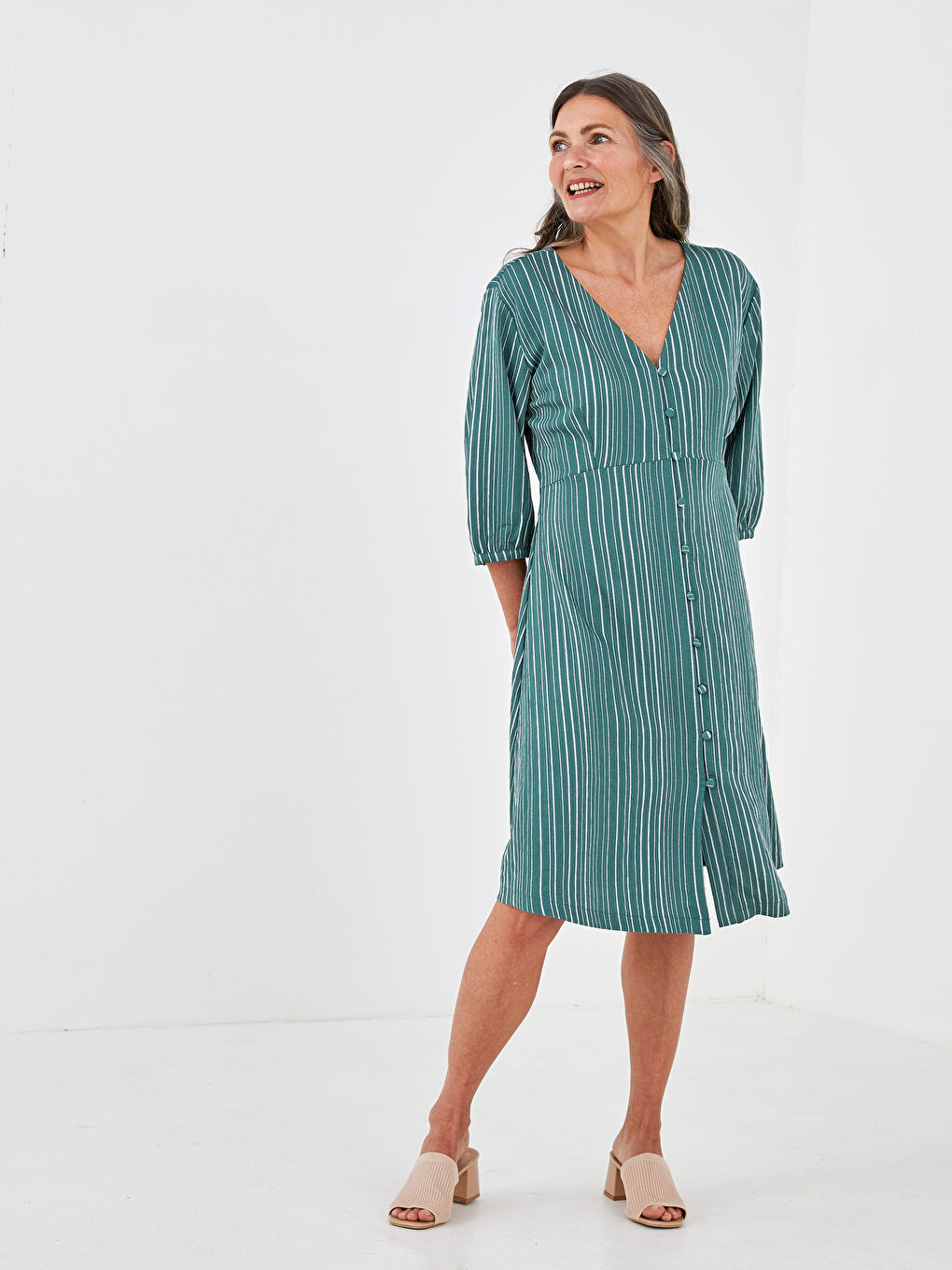 V Neck Striped A-Cut Women Dress-1