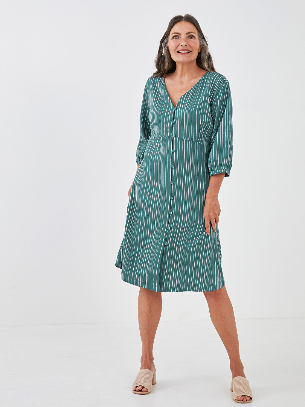 V Neck Striped A-Cut Women Dress-2