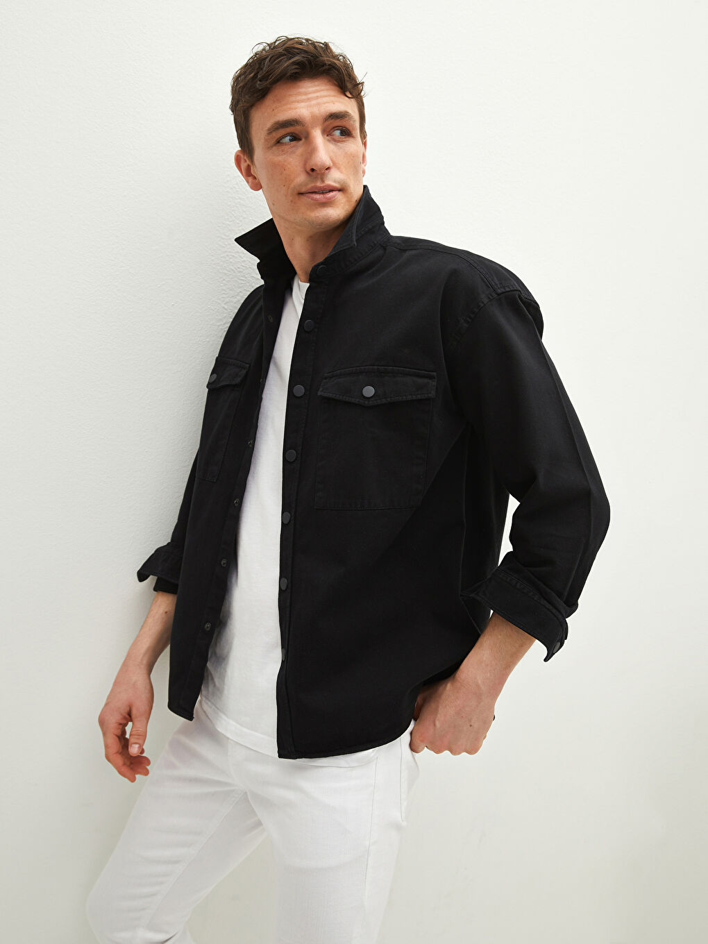Siyah Oversize Uzun Kollu Gabardin Erkek Gömlek-1