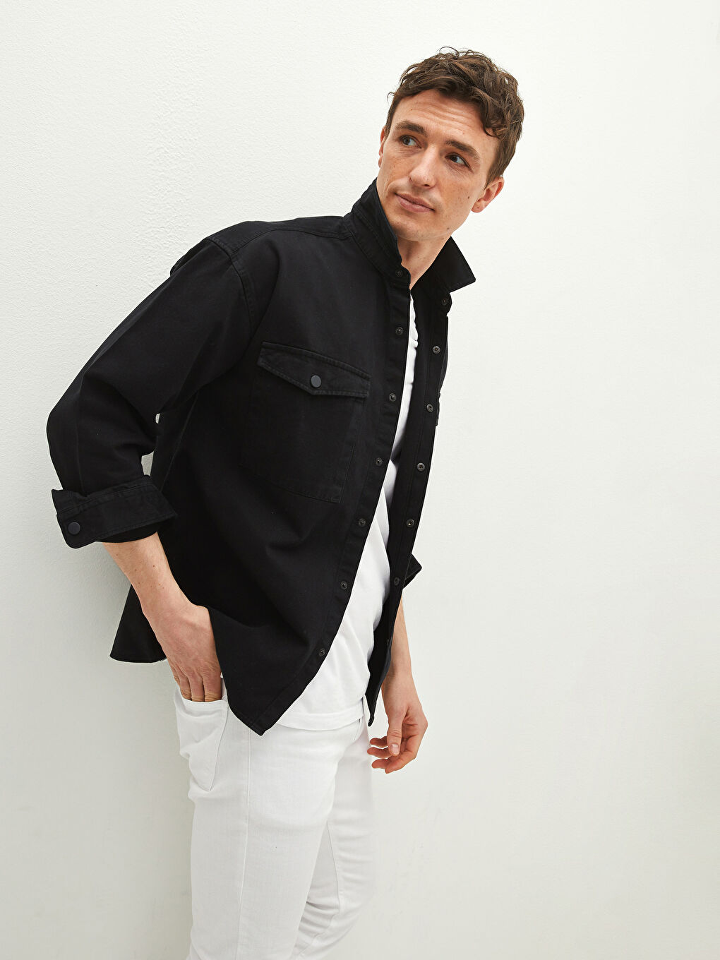 Siyah Oversize Uzun Kollu Gabardin Erkek Gömlek-2