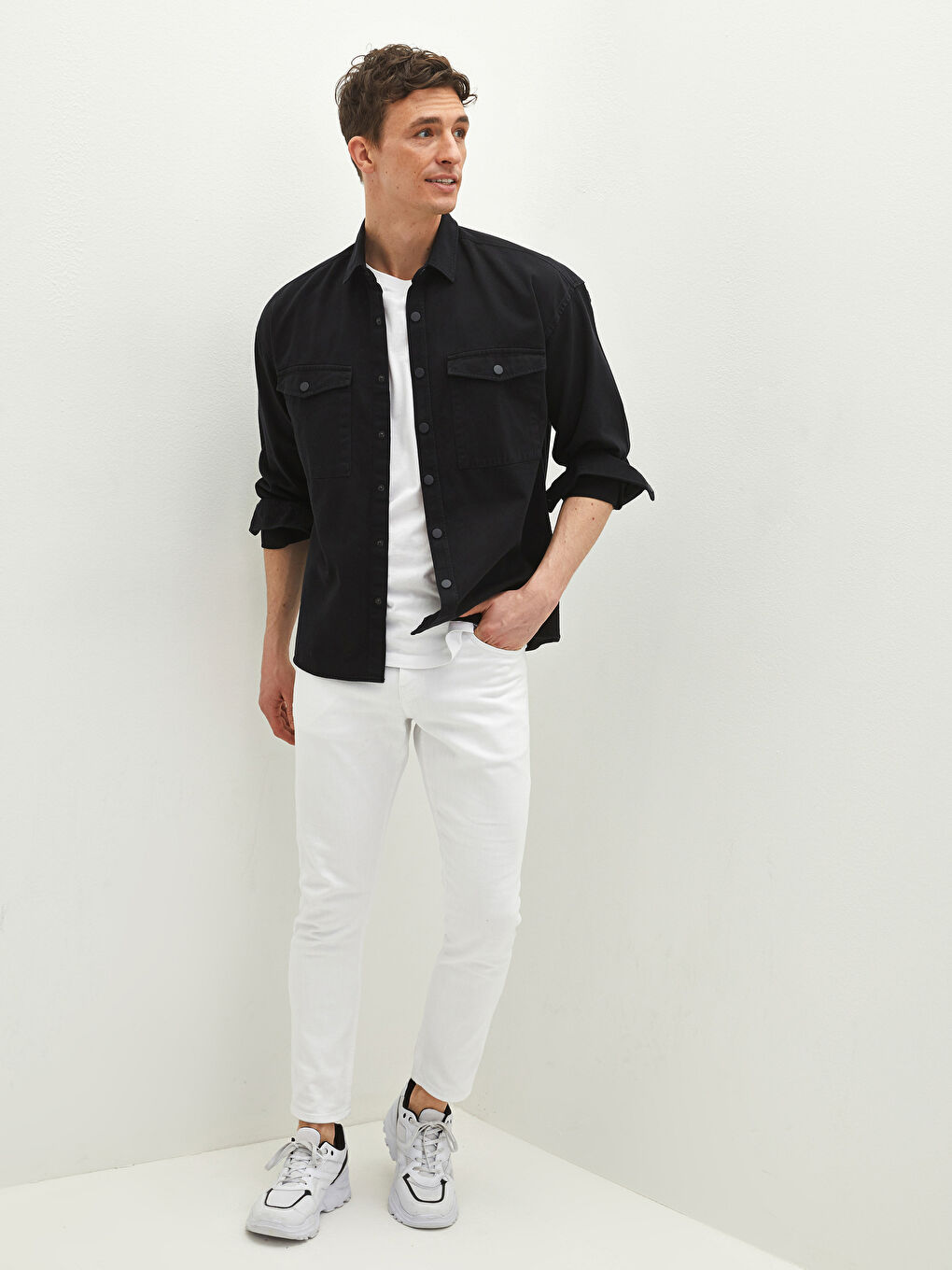 Siyah Oversize Uzun Kollu Gabardin Erkek Gömlek-4
