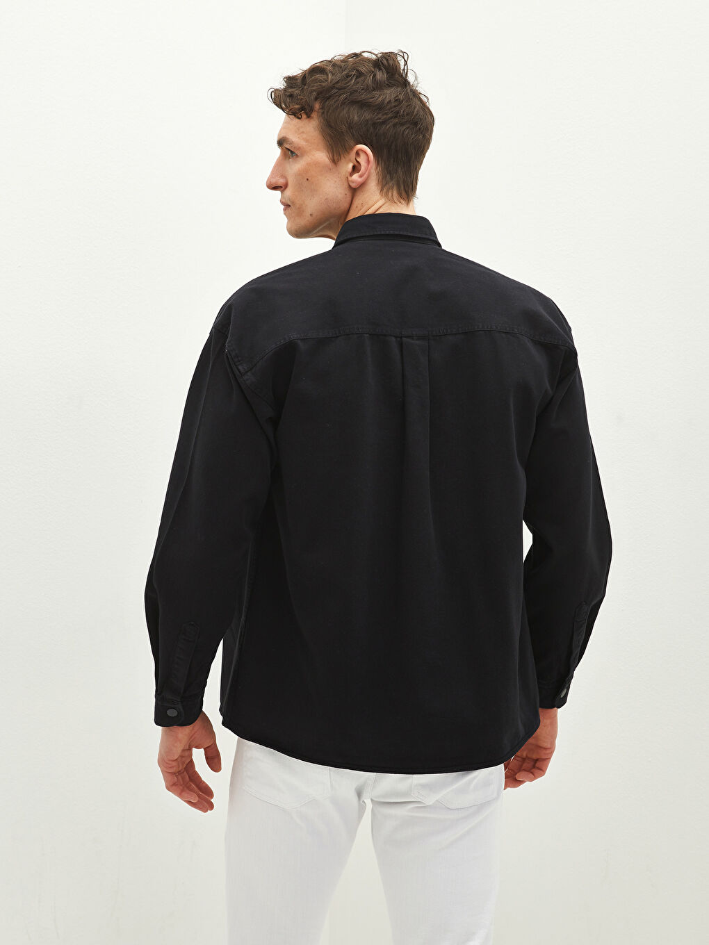 Siyah Oversize Uzun Kollu Gabardin Erkek Gömlek-5