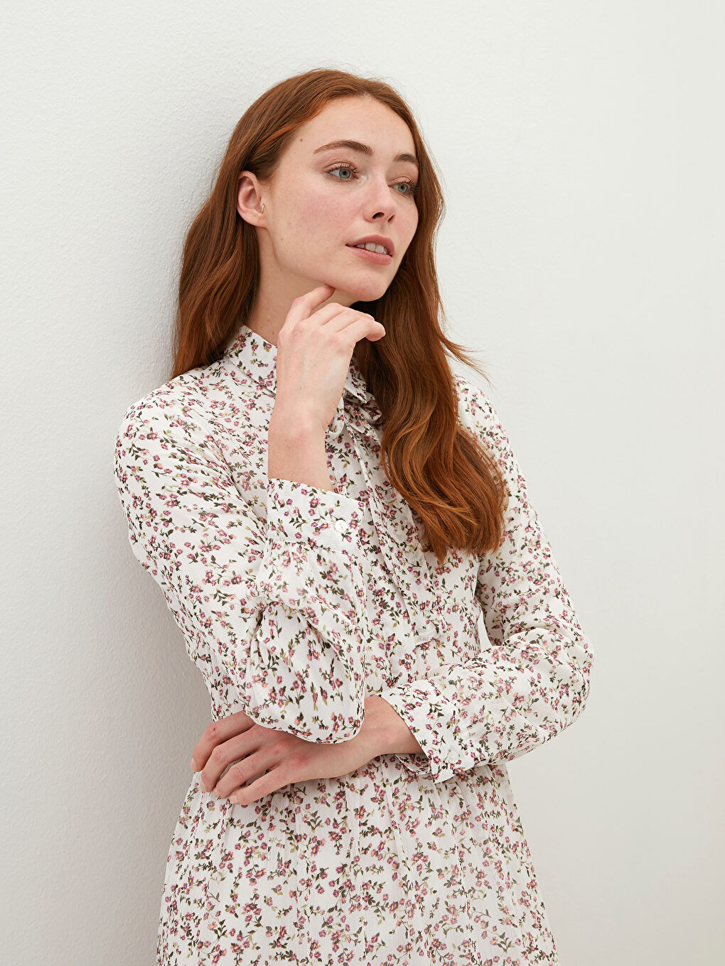 Shirt Collar Patterned Long Sleeve Women's Chiffon Dress-3