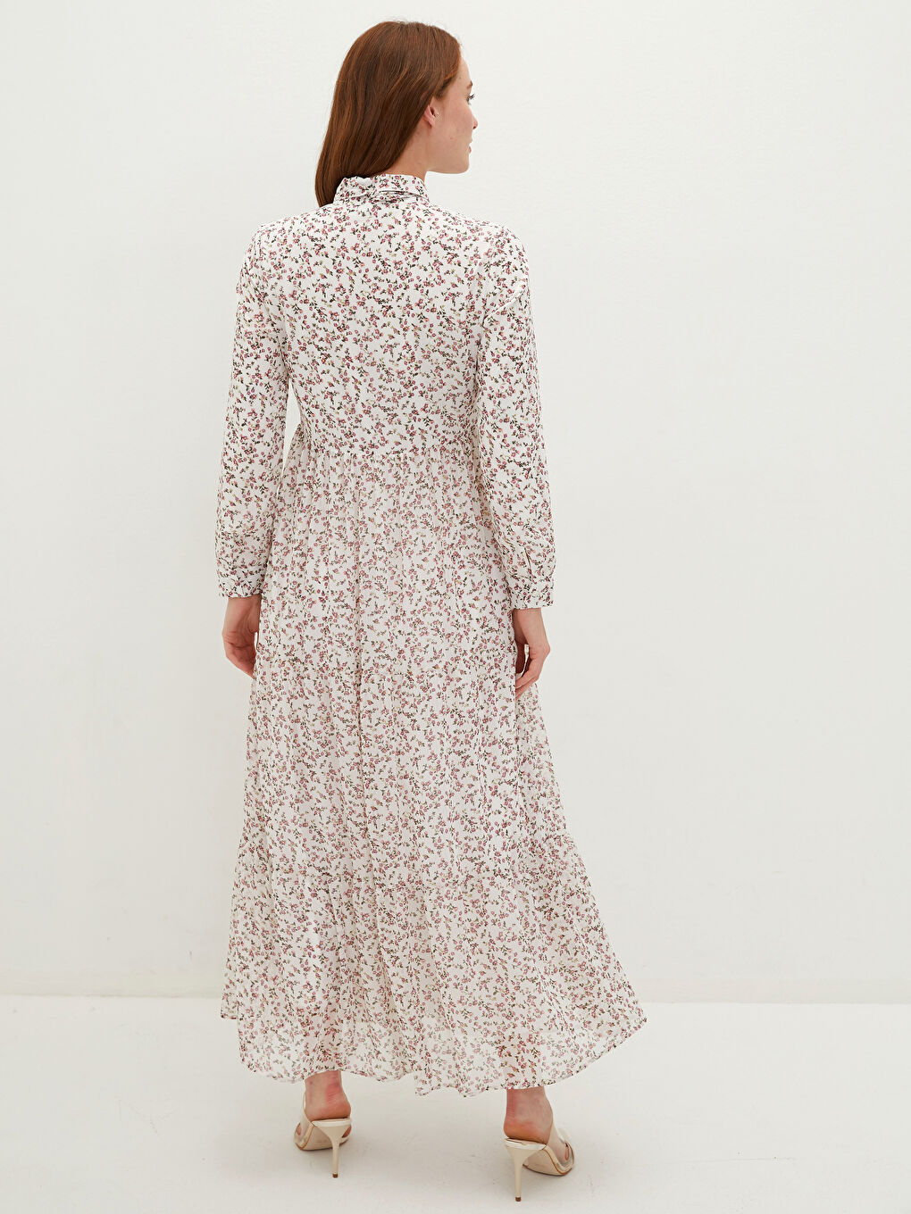 Shirt Collar Patterned Long Sleeve Women's Chiffon Dress-5