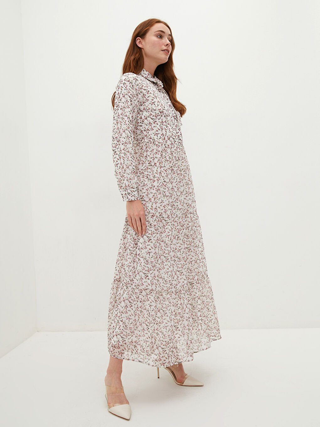 Shirt Collar Patterned Long Sleeve Women's Chiffon Dress