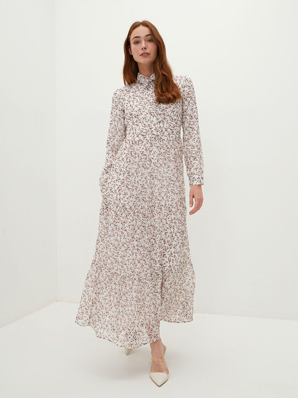 Shirt Collar Patterned Long Sleeve Women's Chiffon Dress-1