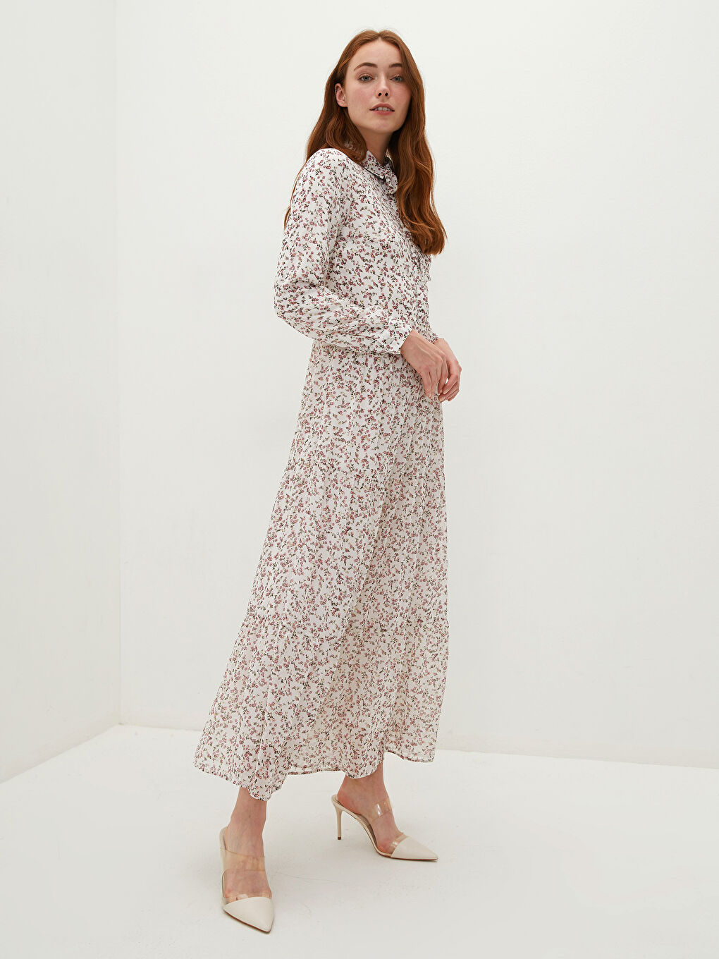 Shirt Collar Patterned Long Sleeve Women's Chiffon Dress-2