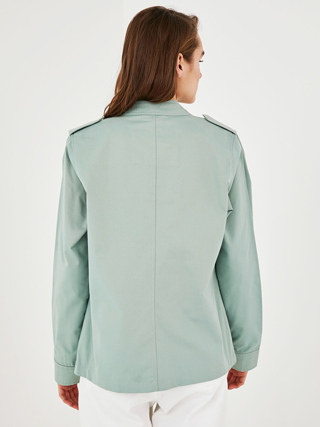 Yeşil Dik Yaka Düğme Kapamalı Uzun Kollu İnce Kadın Mont-4