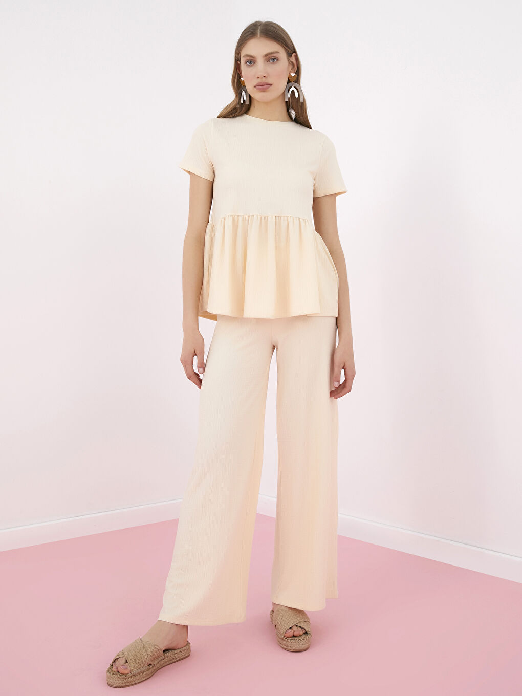 LCW Limited Elastic Waist Wide Leg Crinkle Fabric Women's Trousers -S1HY15Z8-RQ6