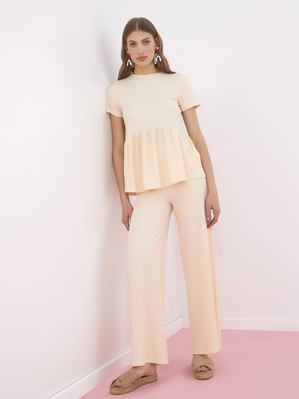 LCW Limited Elastic Waist Wide Leg Crinkle Fabric Women's Trousers -S1HY15Z8-RQ6