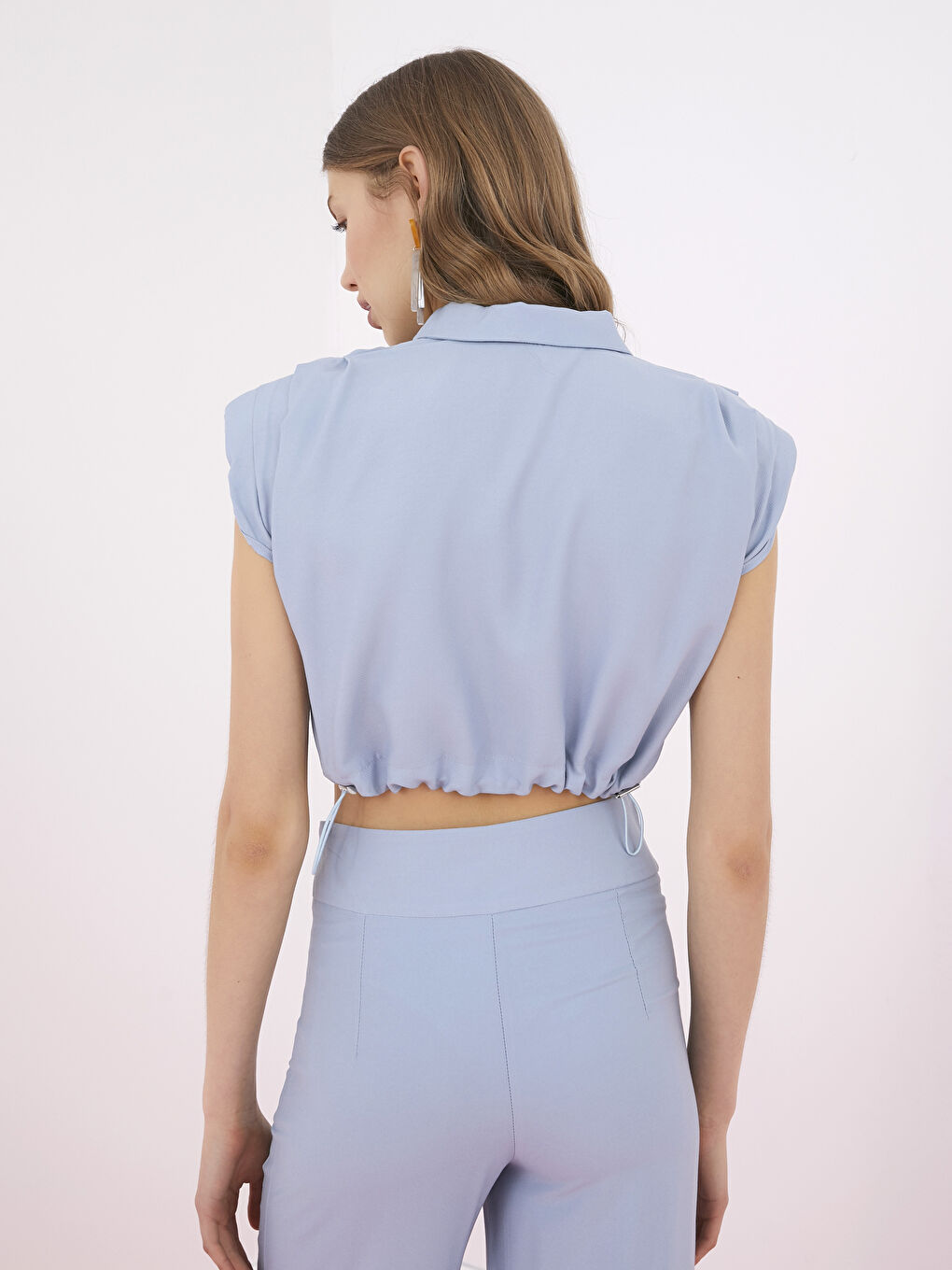Women's Shirt Collar Straight Sleeveless Blouse with Gather Detail-3