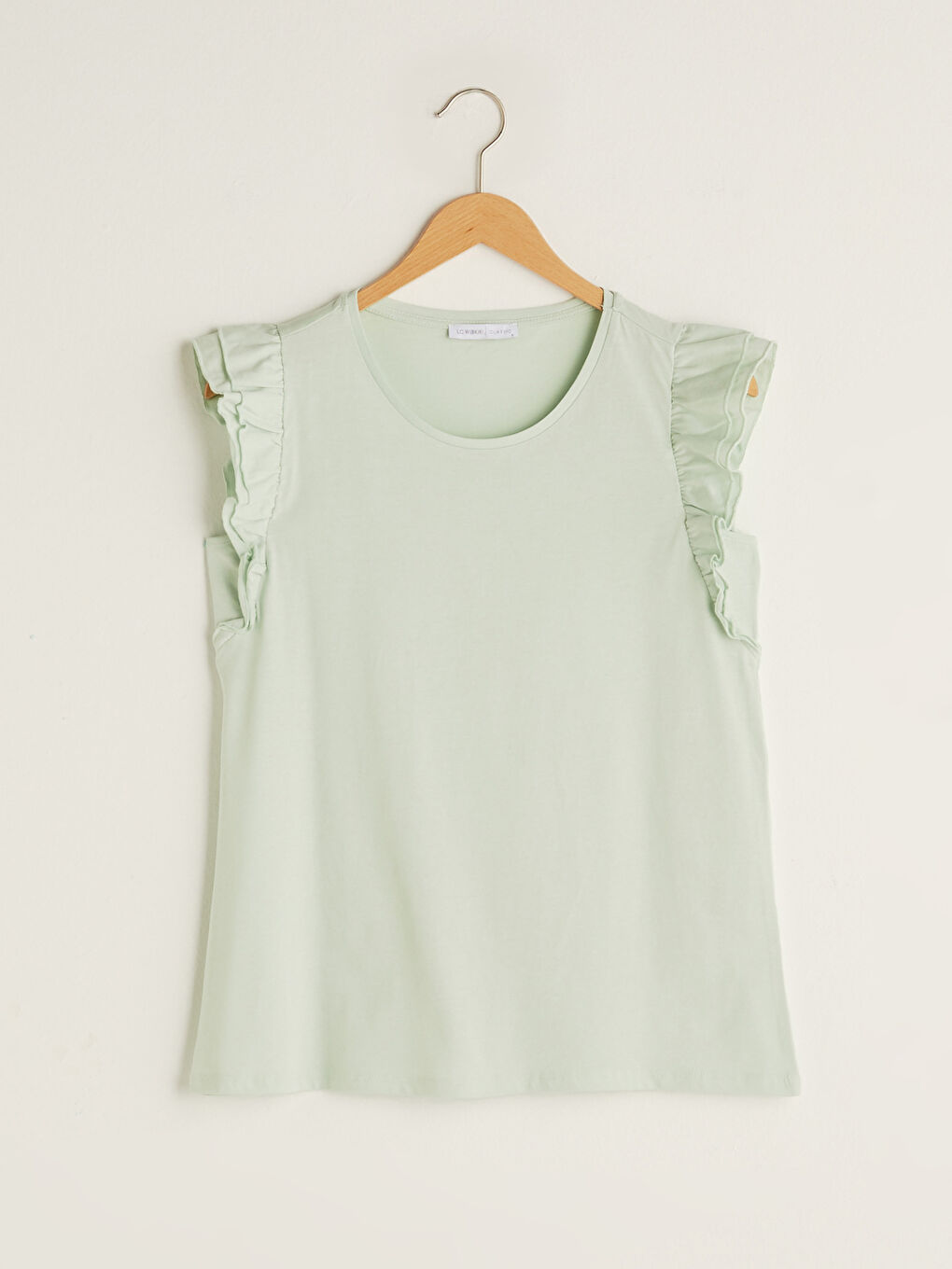 Yeşil Bisiklet Yaka Fırfır Detaylı Kolsuz Pamuklu Kadın Tişört-5