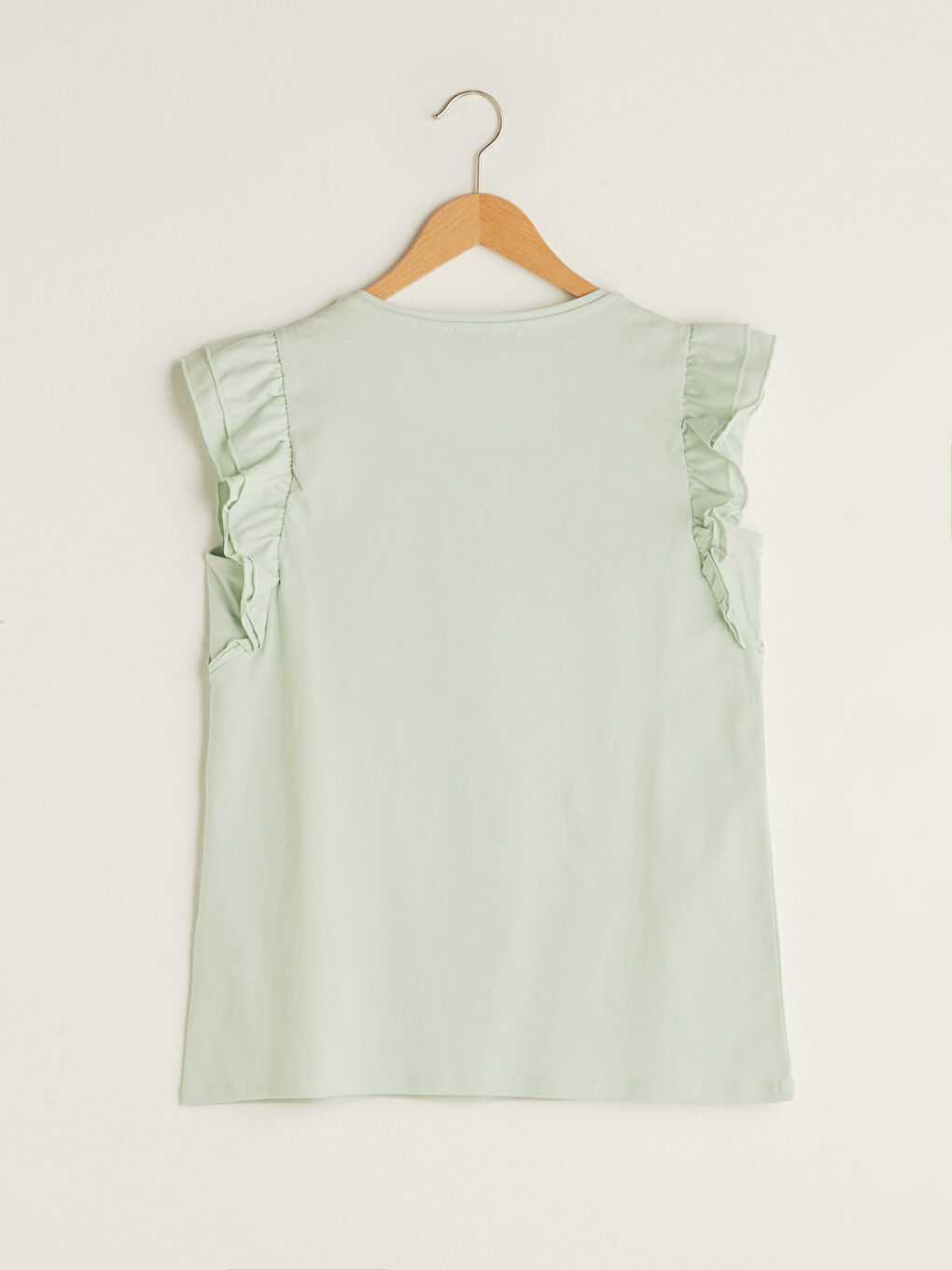 Yeşil Bisiklet Yaka Fırfır Detaylı Kolsuz Pamuklu Kadın Tişört-6