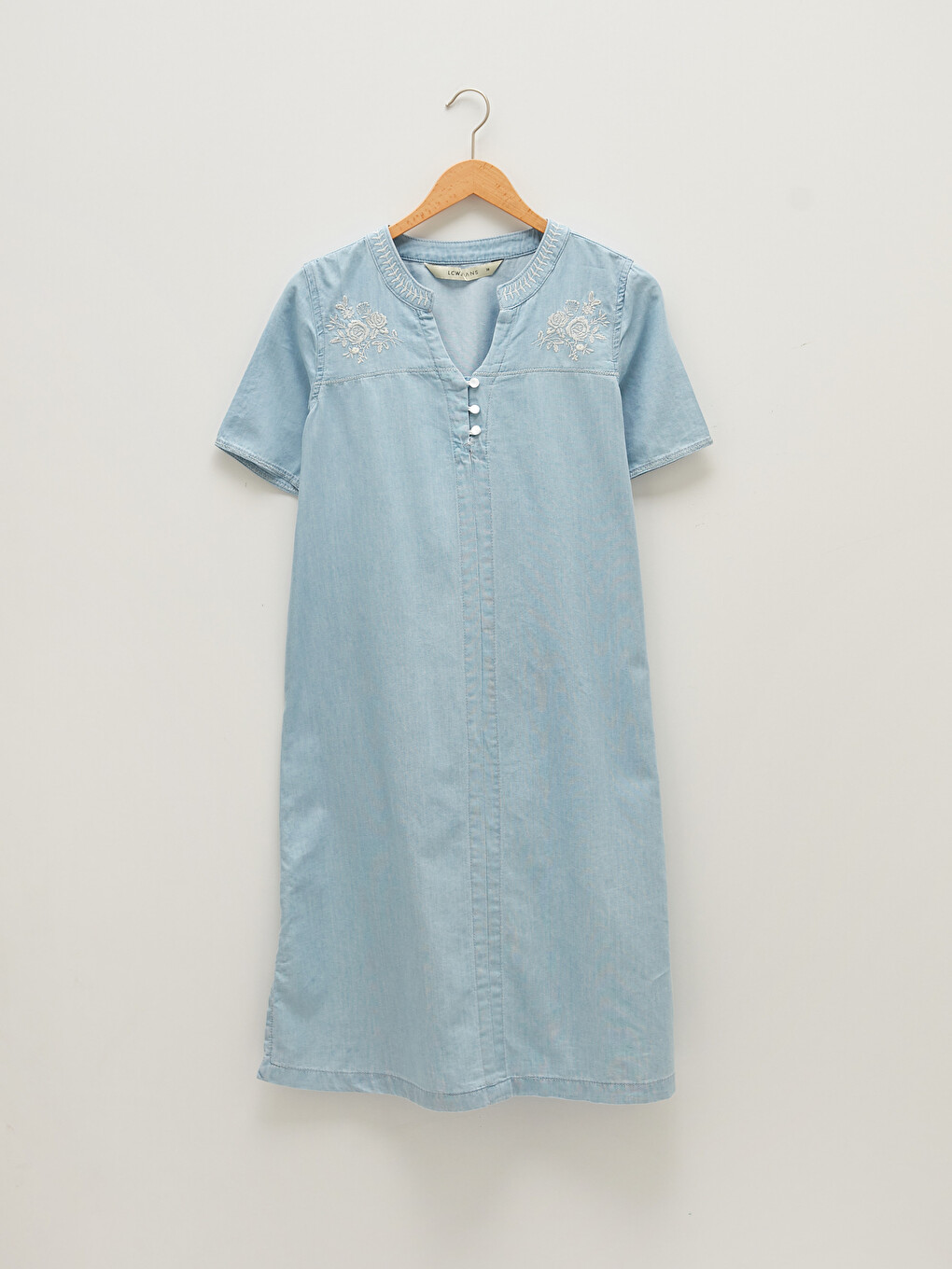 Henley Neckline Embroidered Short Sleeve Women's Jean Dress-5
