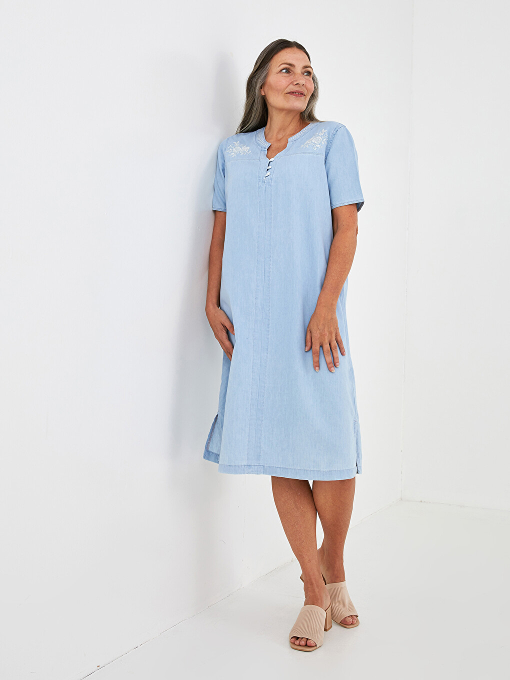 Henley Neckline Embroidered Short Sleeve Women's Jean Dress-1