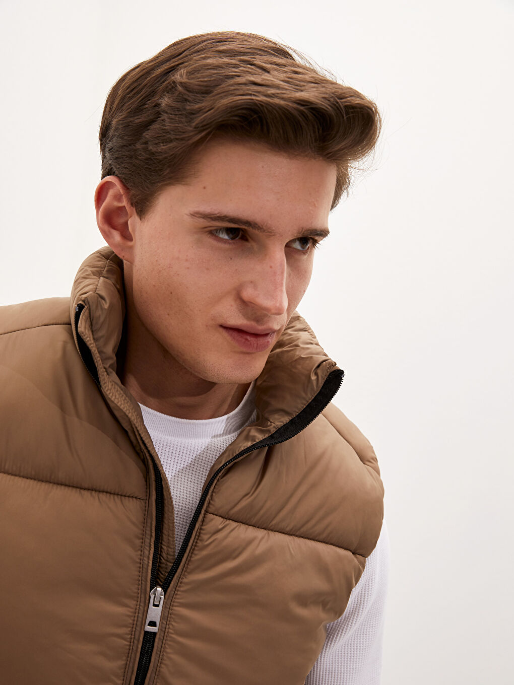 Bej Slim Fit Dik Yaka Kalın Erkek Yelek-2