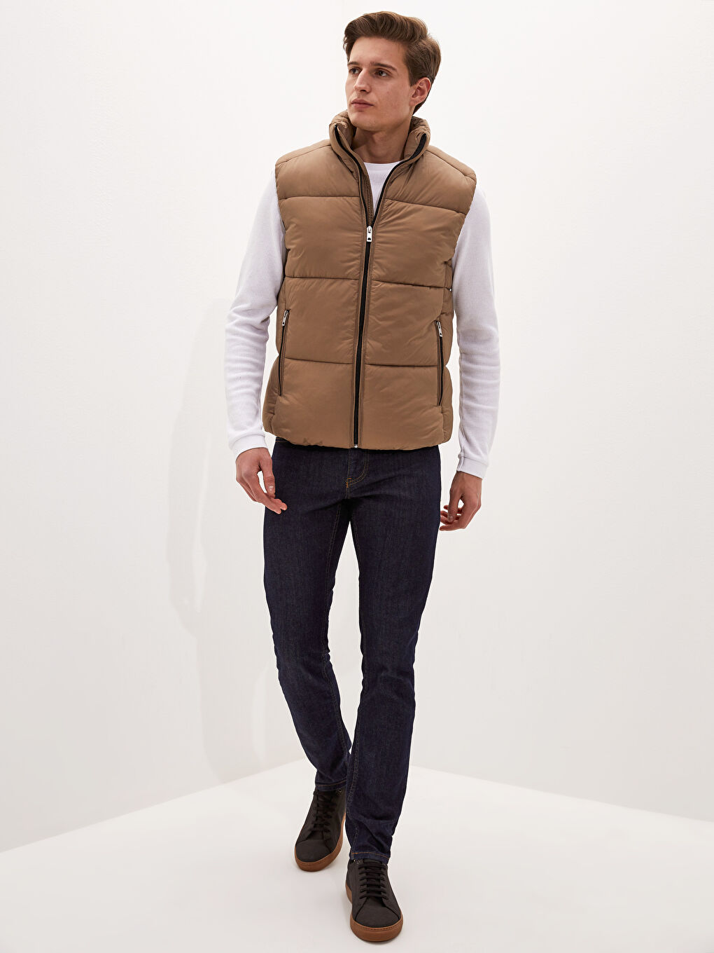 Bej Slim Fit Dik Yaka Kalın Erkek Yelek-3