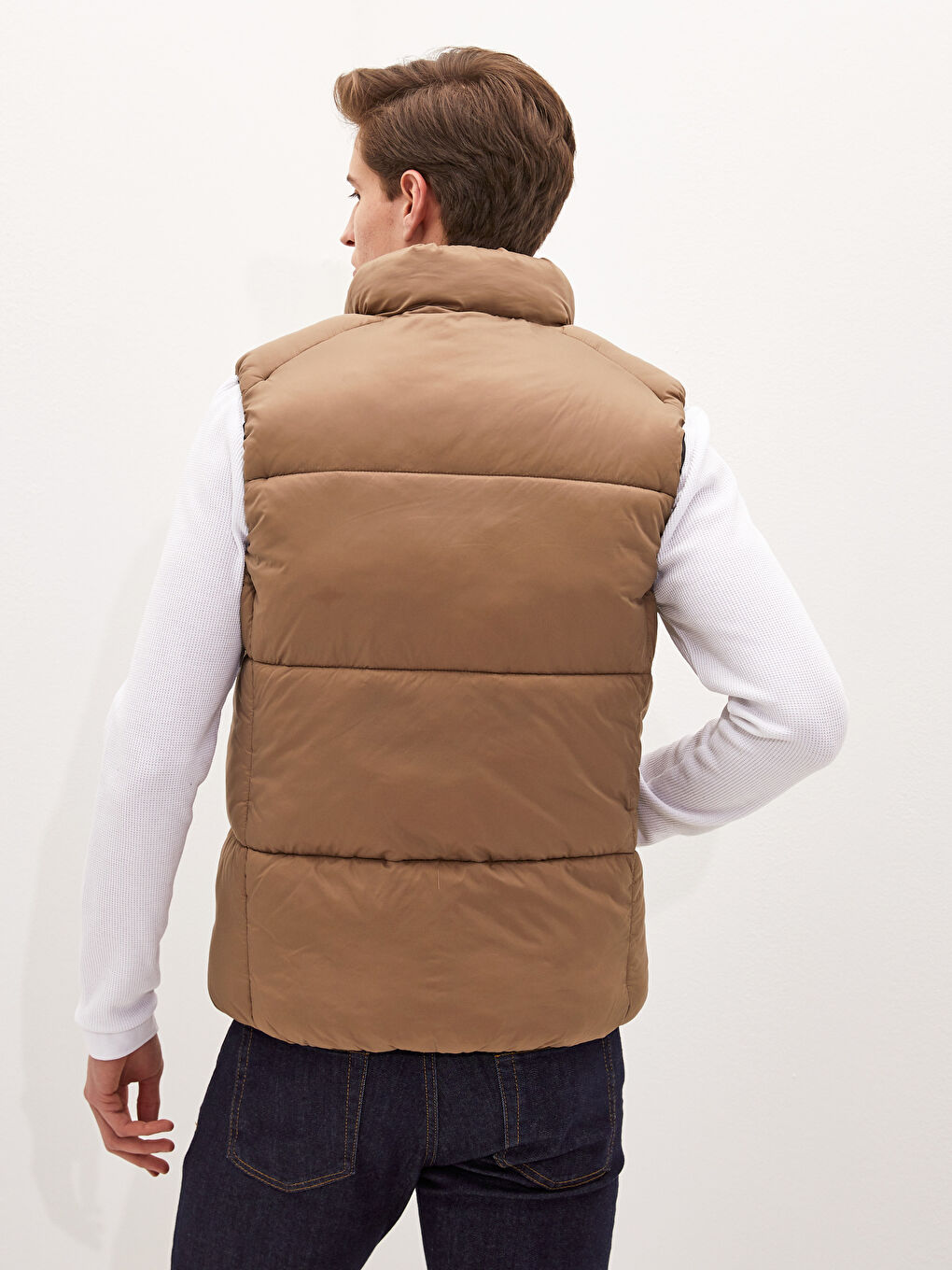 Bej Slim Fit Dik Yaka Kalın Erkek Yelek-4