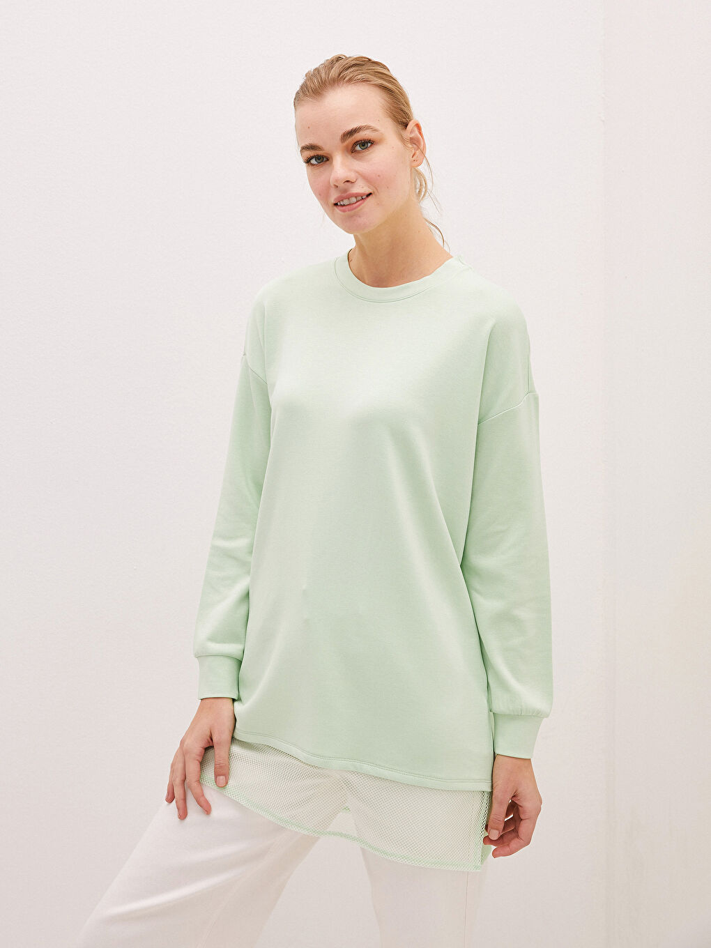 Yeşil Bisiklet Yaka File Detaylı Uzun Kollu Kadın Tunik-1