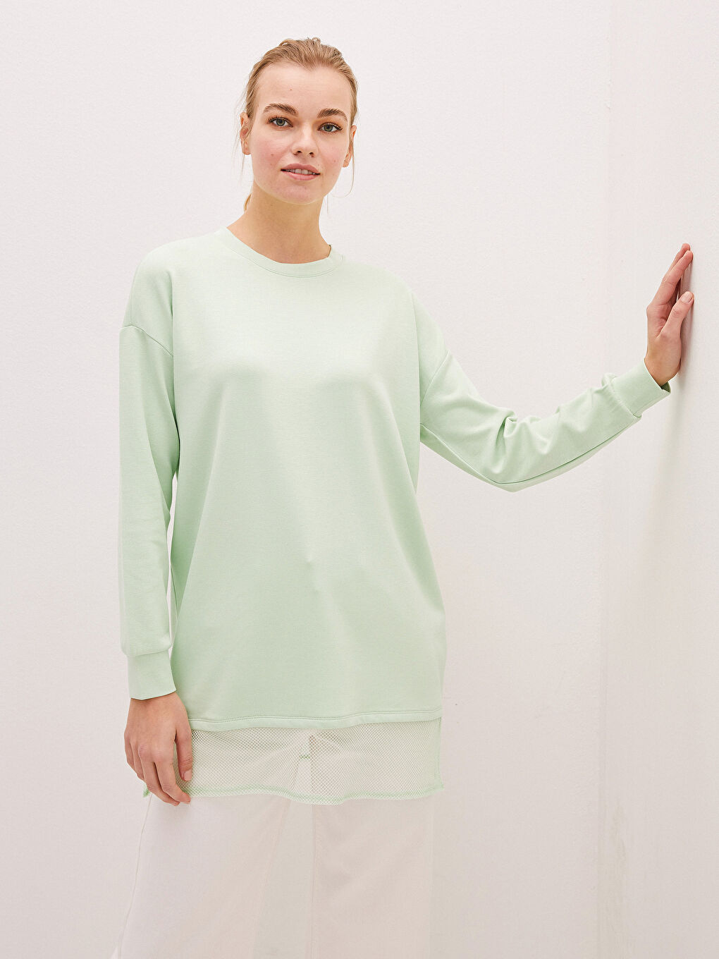 Yeşil Bisiklet Yaka File Detaylı Uzun Kollu Kadın Tunik-5