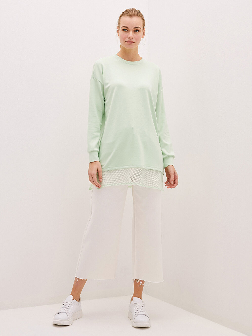 Yeşil Bisiklet Yaka File Detaylı Uzun Kollu Kadın Tunik-7