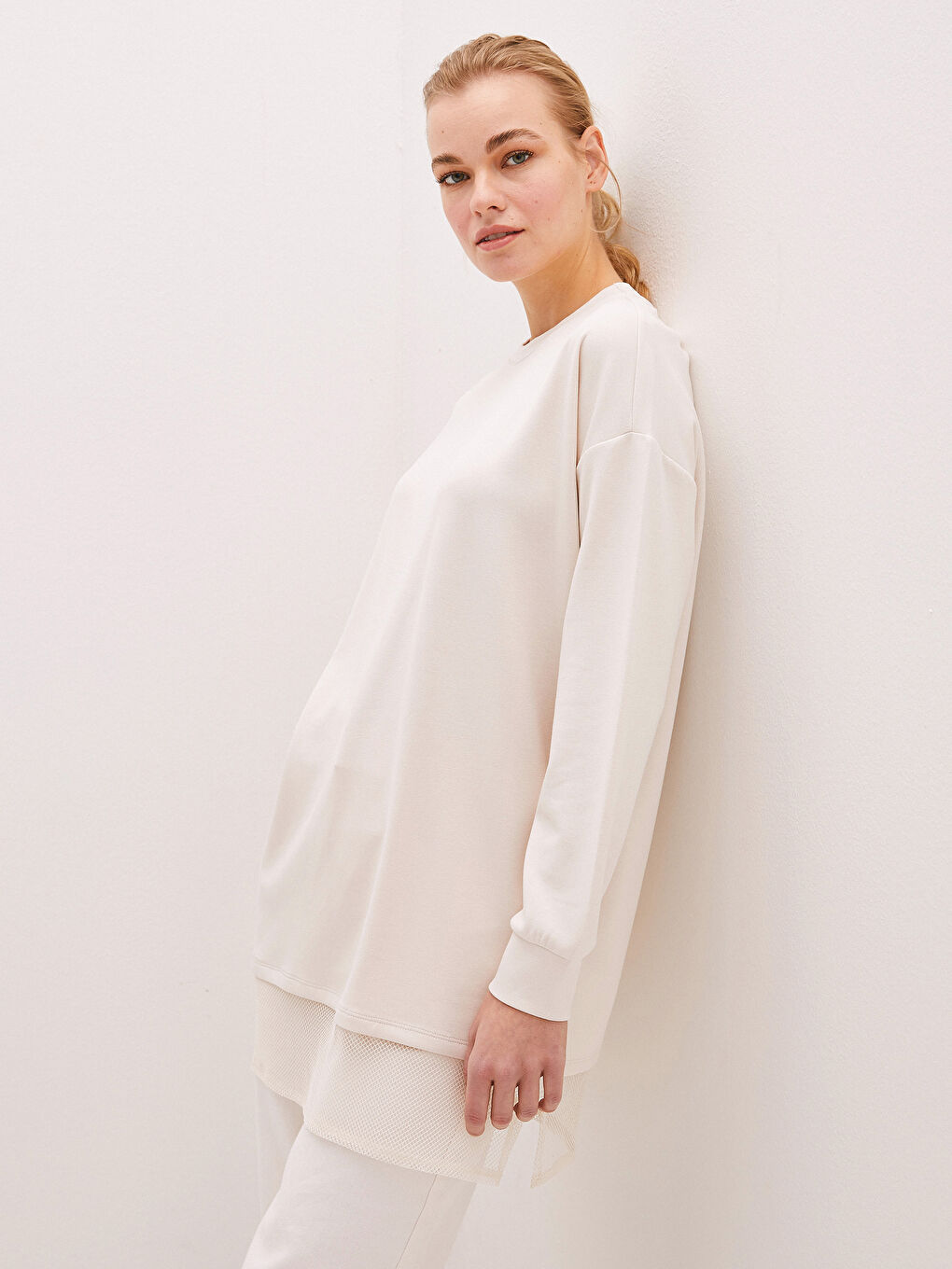 Gri Bisiklet Yaka File Detaylı Uzun Kollu Kadın Tunik-1