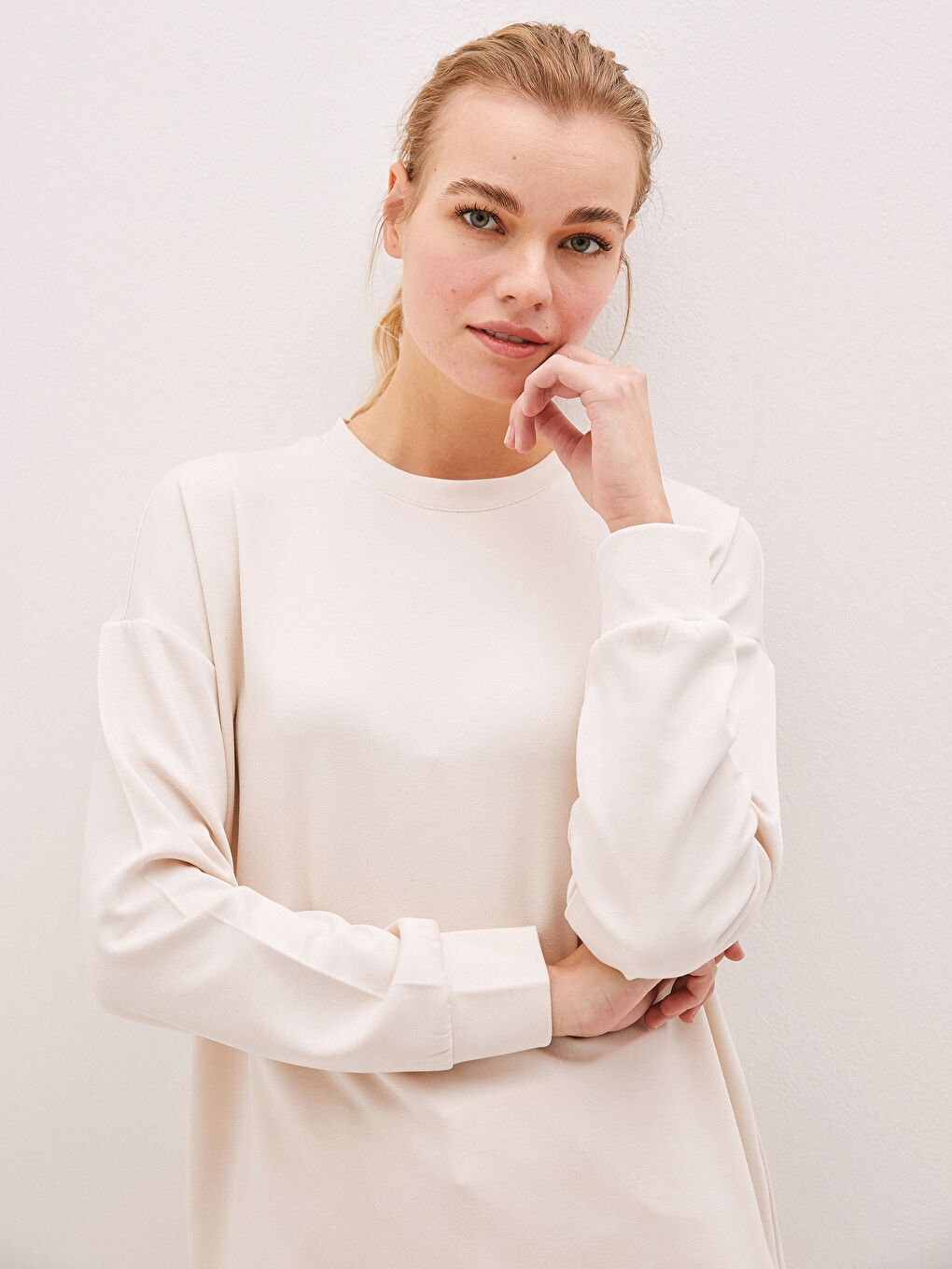 Gri Bisiklet Yaka File Detaylı Uzun Kollu Kadın Tunik-6