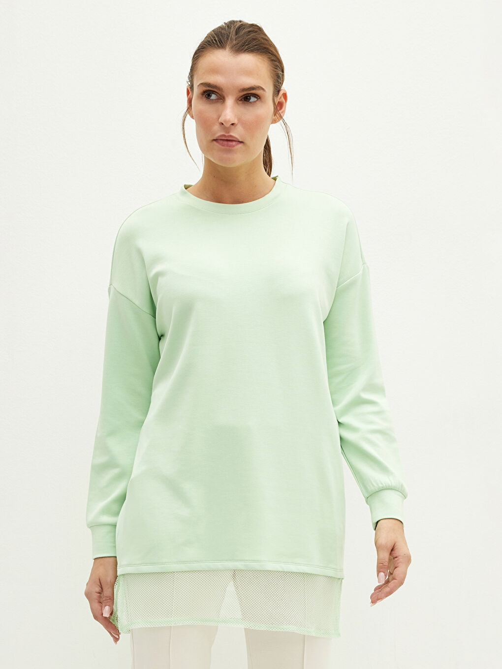 Yeşil Bisiklet Yaka File Detaylı Uzun Kollu Kadın Tunik