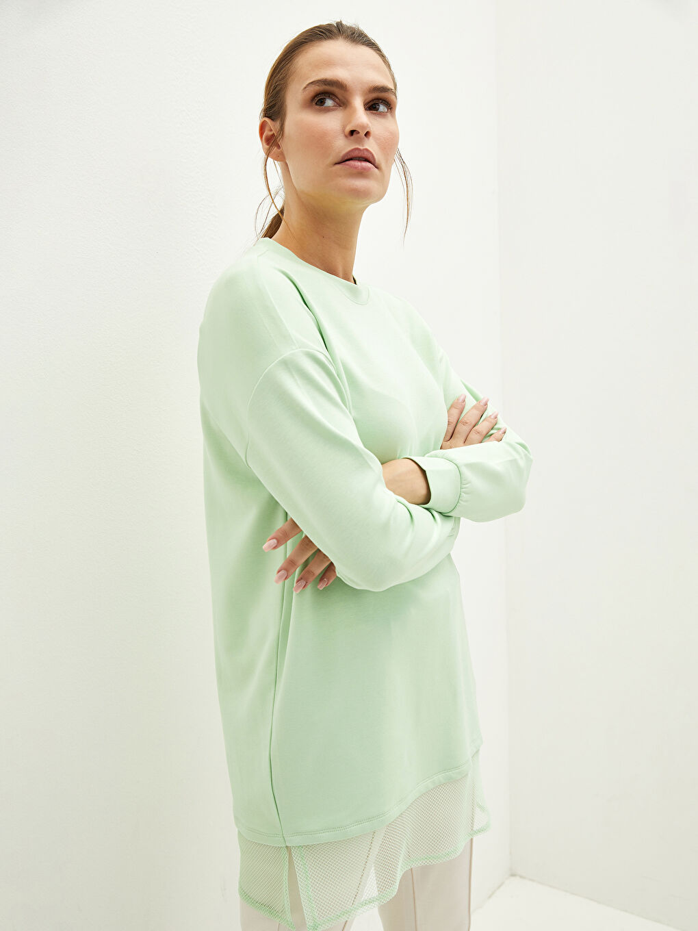 Yeşil Bisiklet Yaka File Detaylı Uzun Kollu Kadın Tunik-2