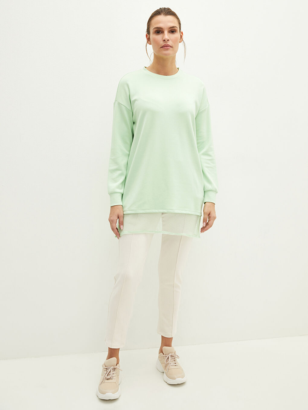 Yeşil Bisiklet Yaka File Detaylı Uzun Kollu Kadın Tunik-3