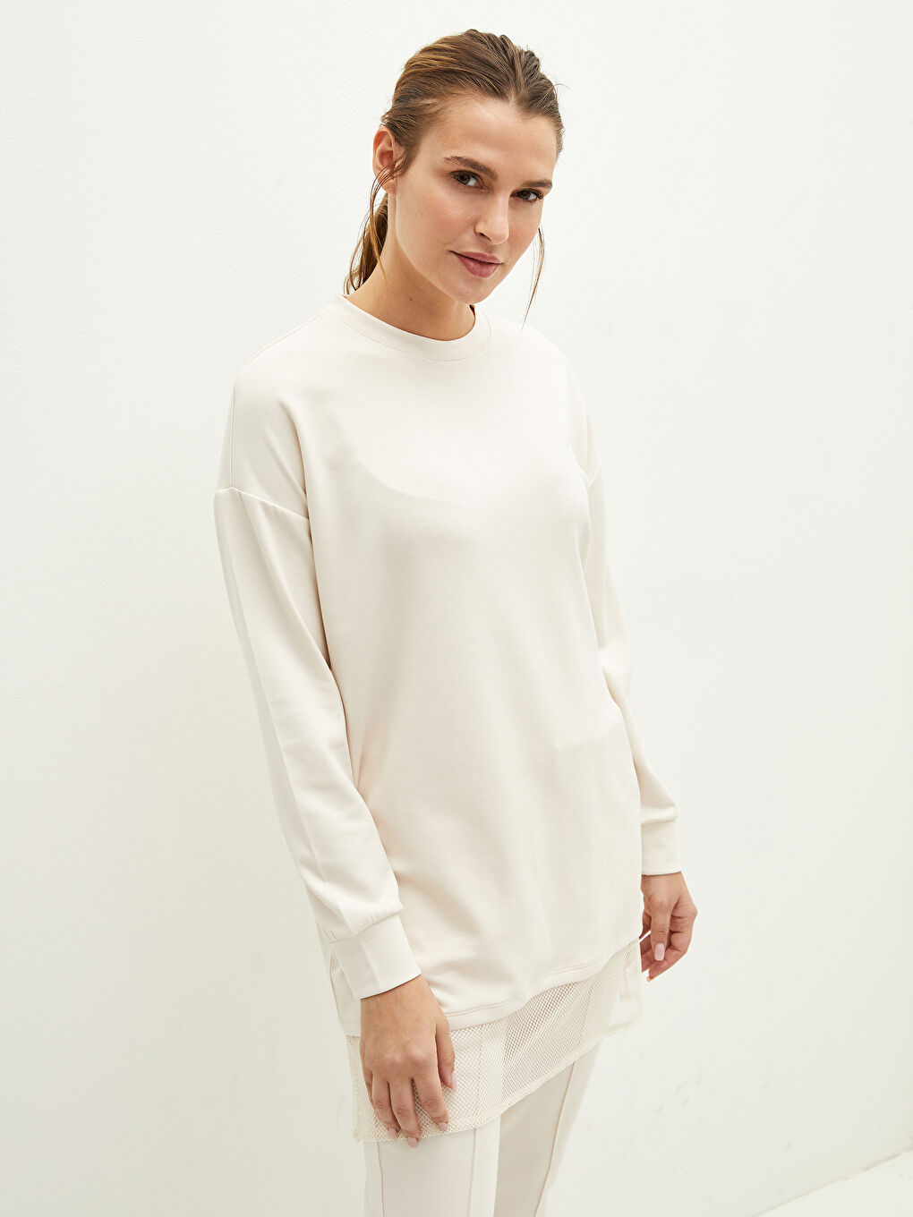 Gri Bisiklet Yaka File Detaylı Uzun Kollu Kadın Tunik