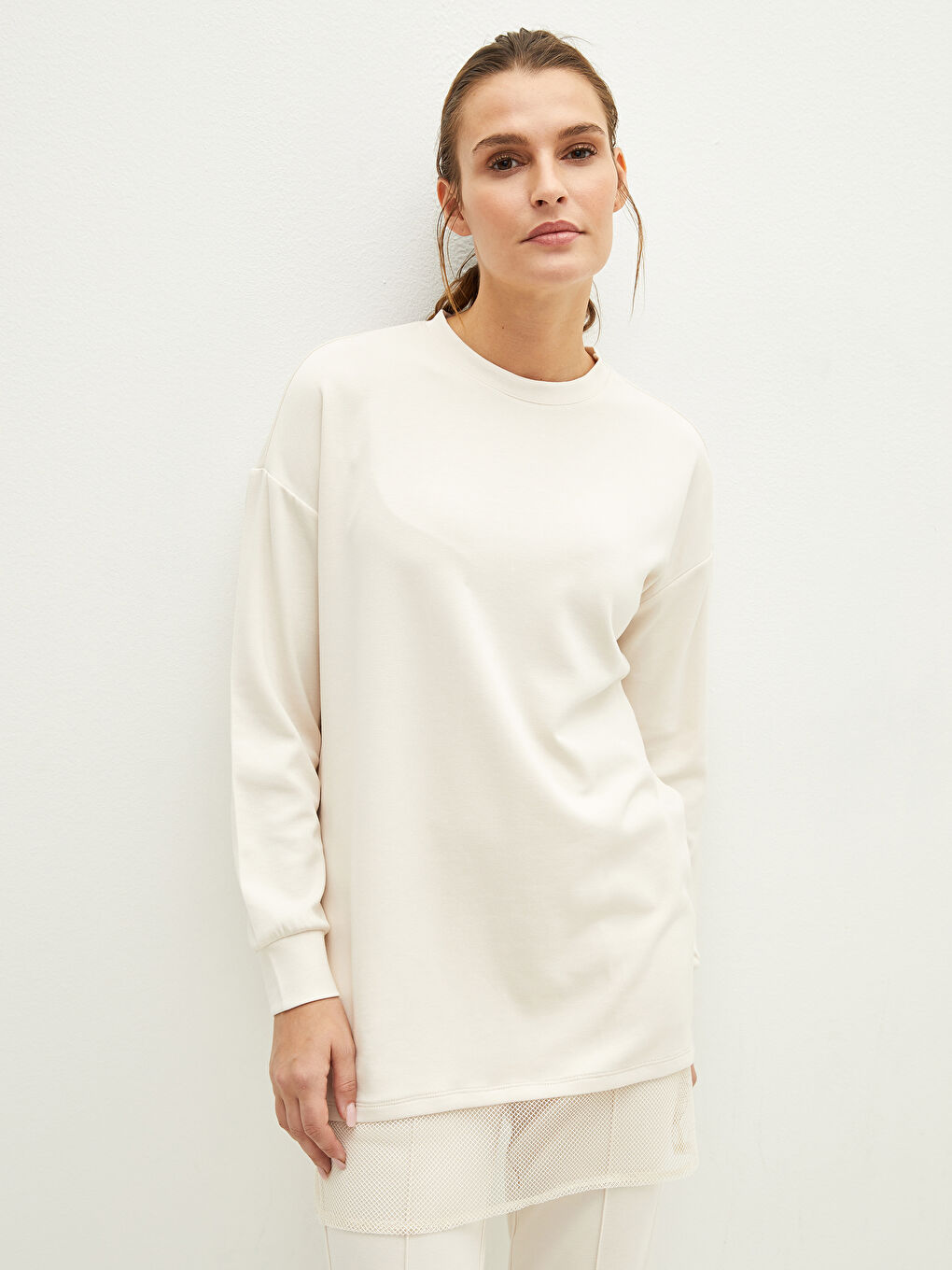 Gri Bisiklet Yaka File Detaylı Uzun Kollu Kadın Tunik-2