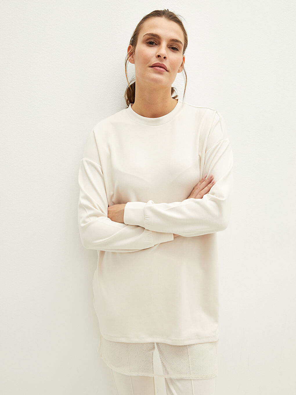 Gri Bisiklet Yaka File Detaylı Uzun Kollu Kadın Tunik-3