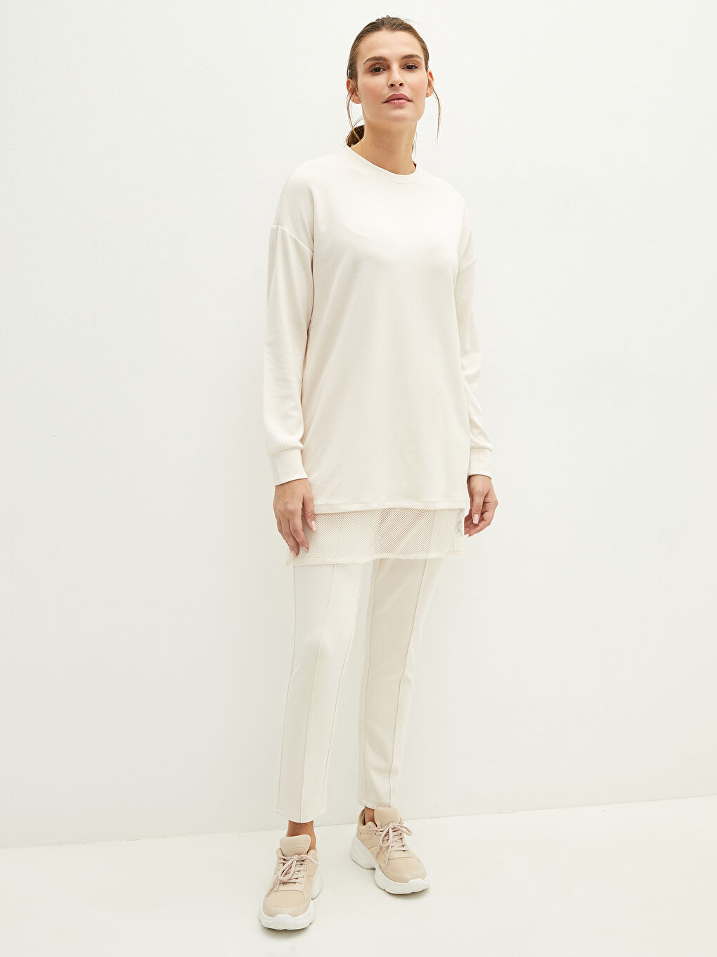 Gri Bisiklet Yaka File Detaylı Uzun Kollu Kadın Tunik-4