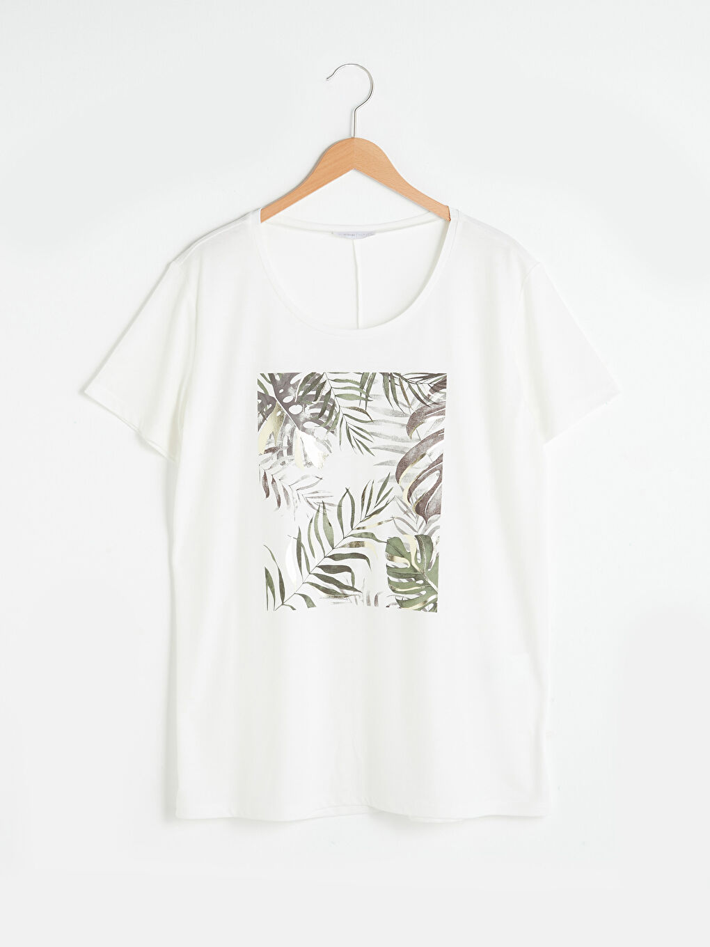 Ekru Bisiklet Yaka Baskılı Kısa Kollu Kadın Tişört-5